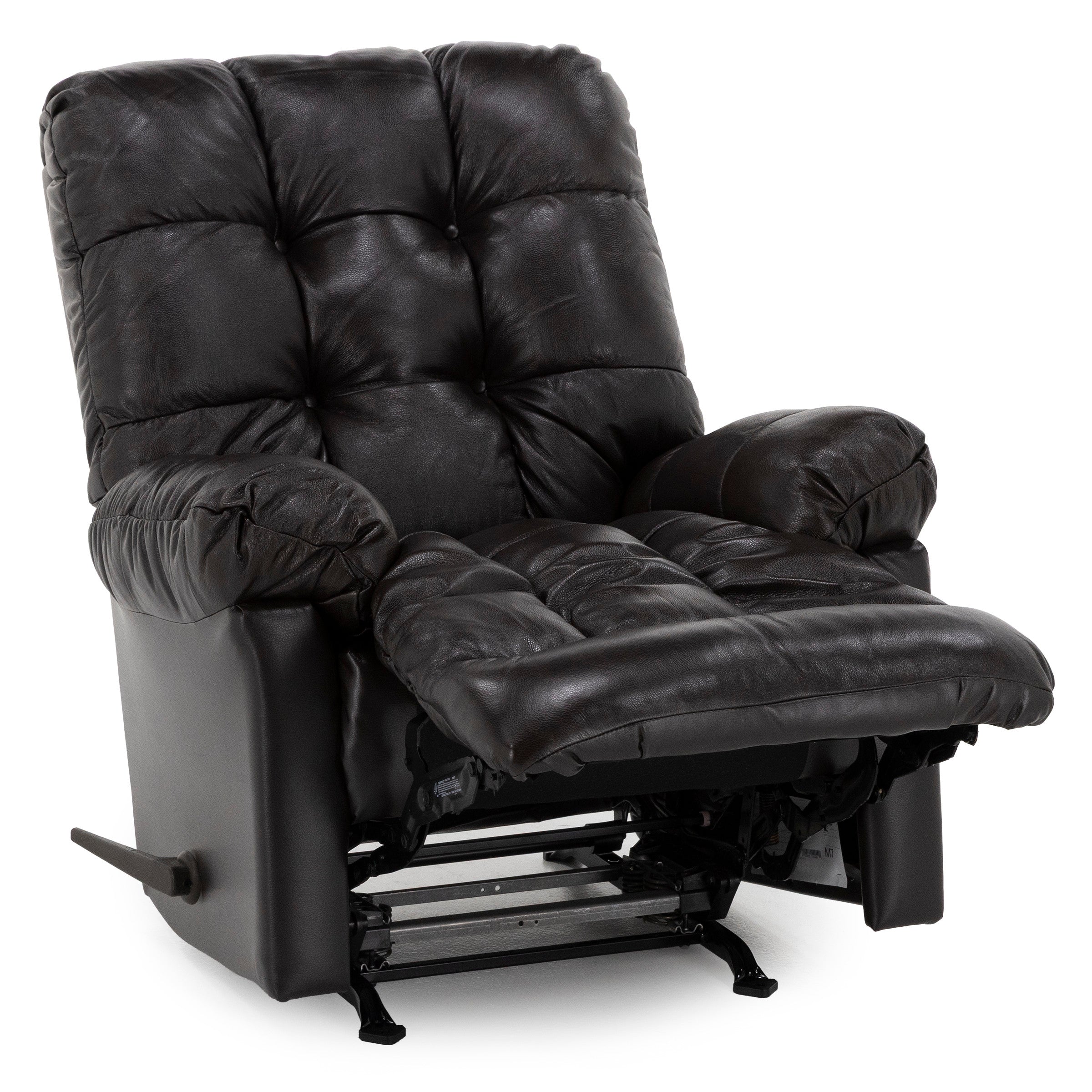 Dark leather recliner chair with padded seat and extended footrest.