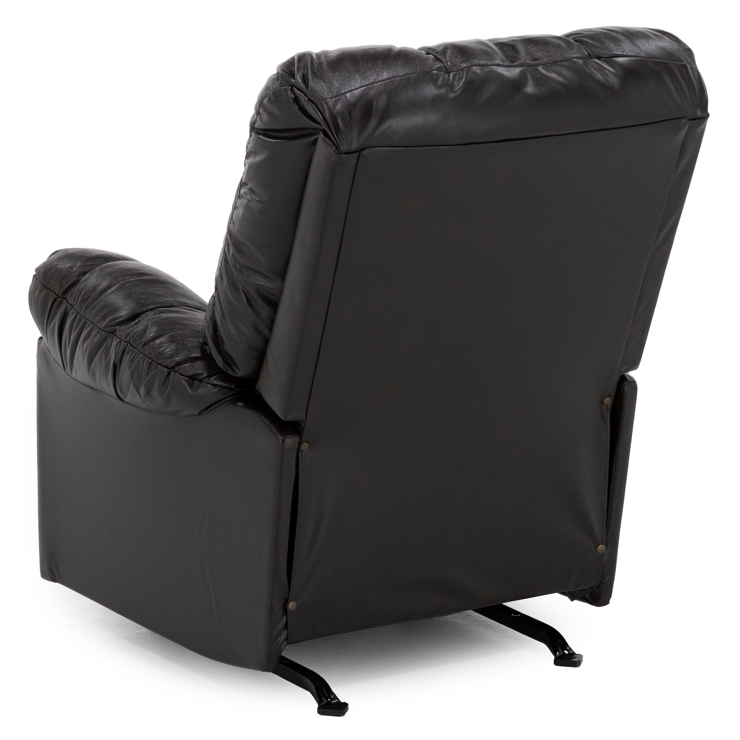 Back view of a black leather recliner chair showing padded cushions.