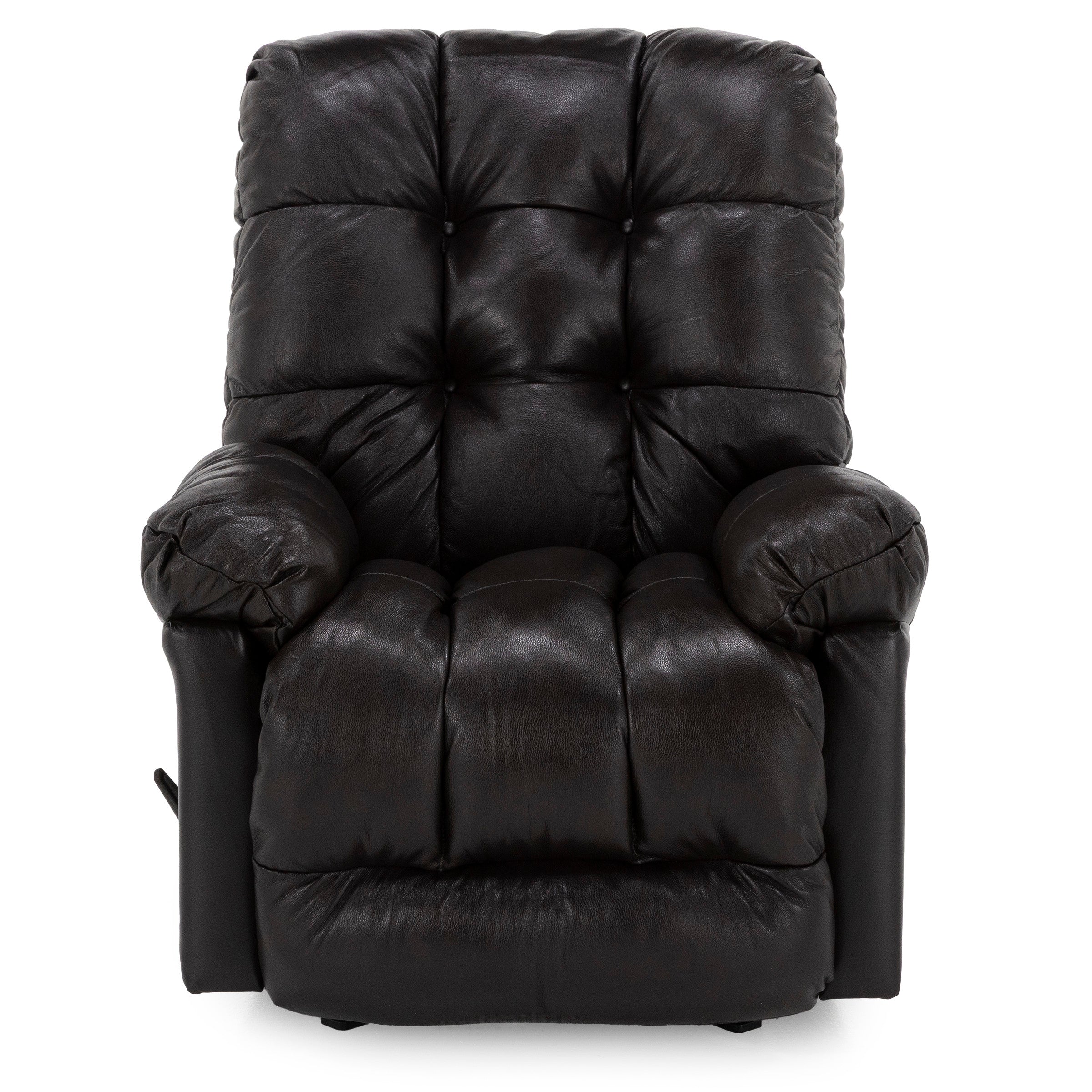 Black tufted leather recliner chair, front view, for comfortable seating.