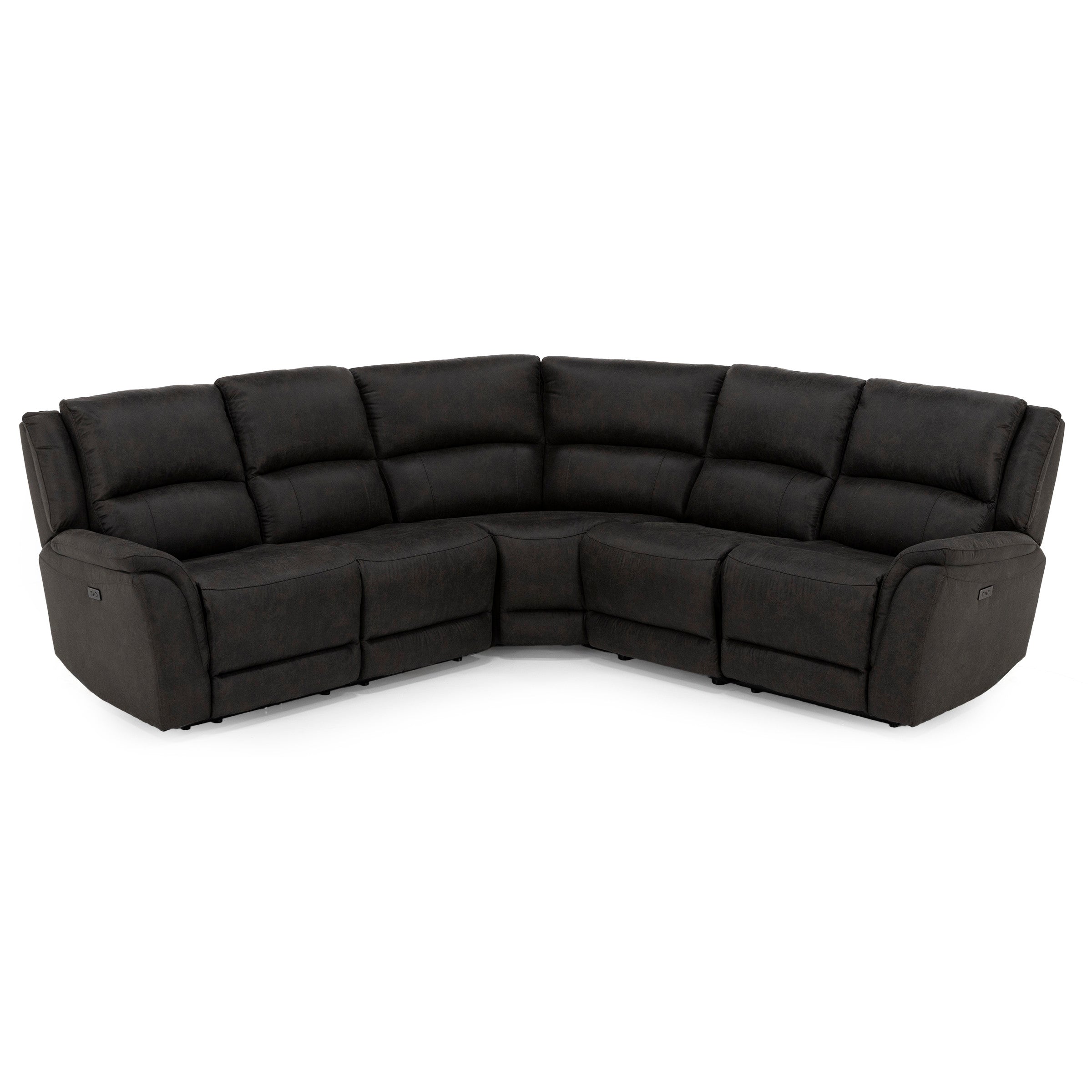 Dark brown L-shaped sectional sofa with plush cushions, viewed from the front.