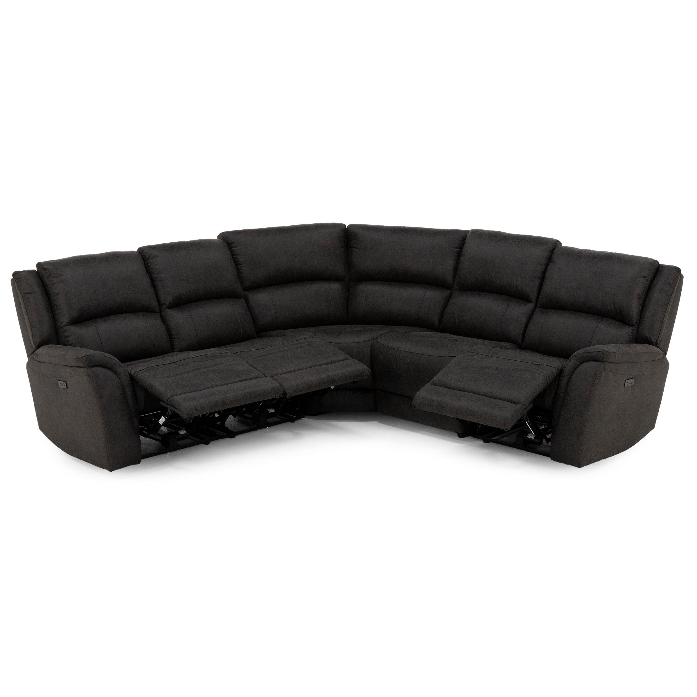 Dark gray sectional sofa with two extended reclining footrests.