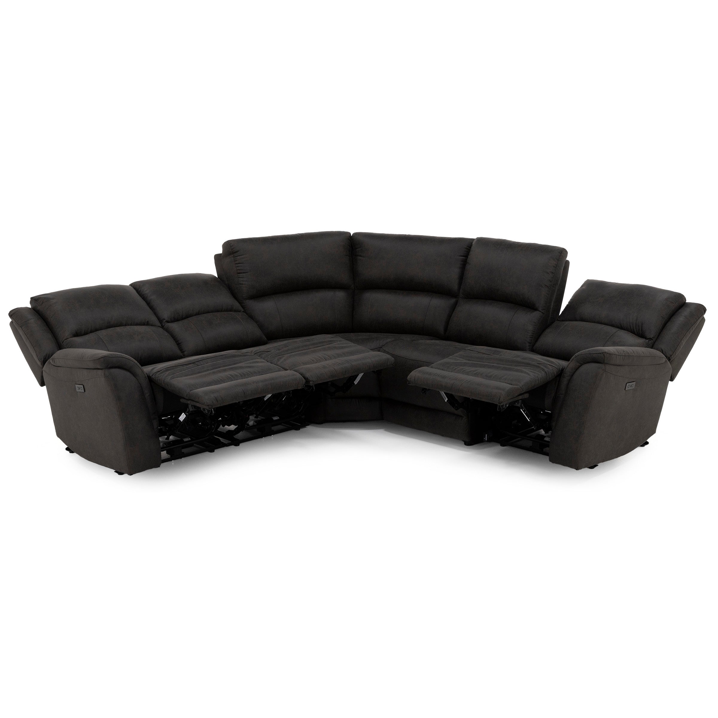 Dark gray L-shaped reclining sectional sofa, two seats extended.