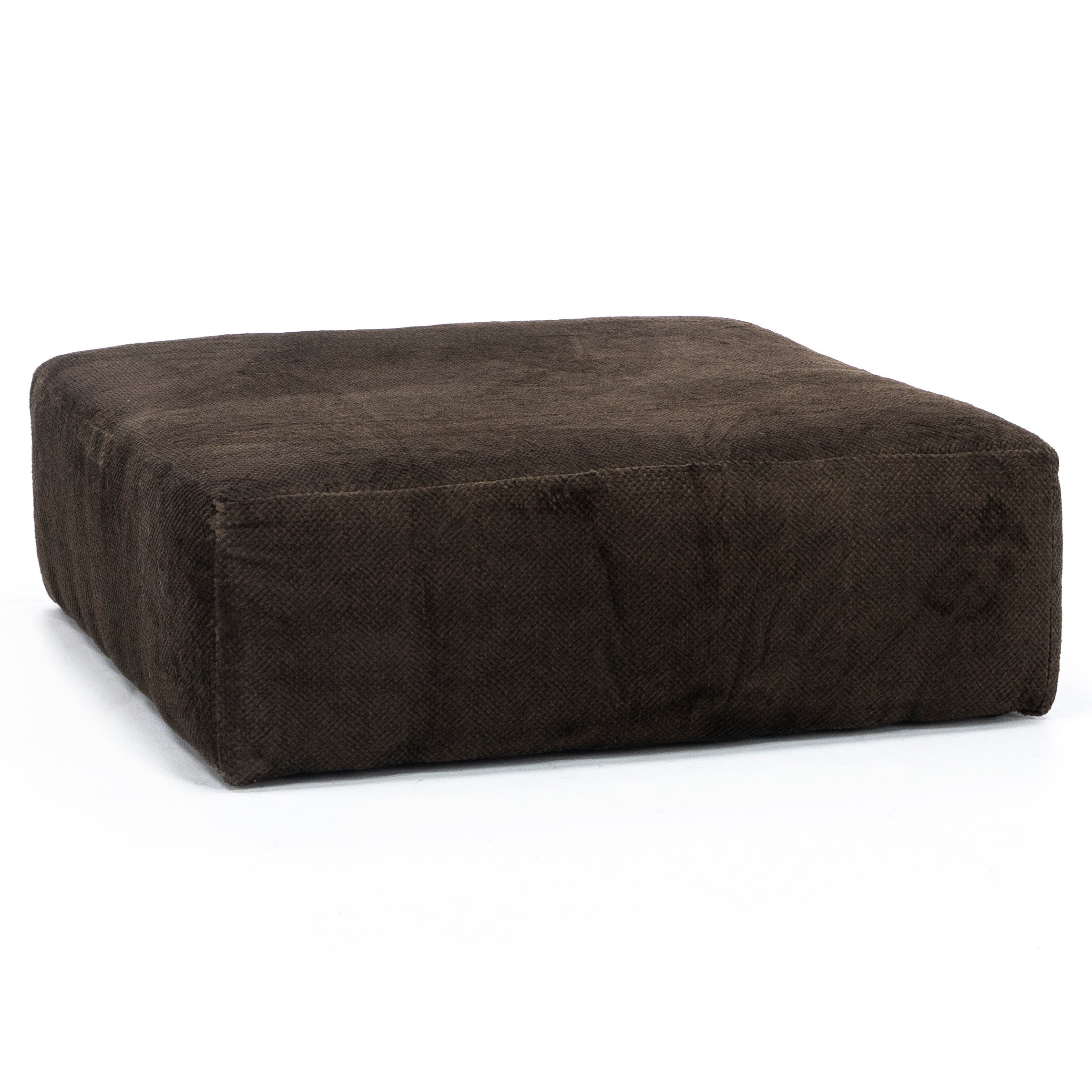 Square brown fabric ottoman pouf.