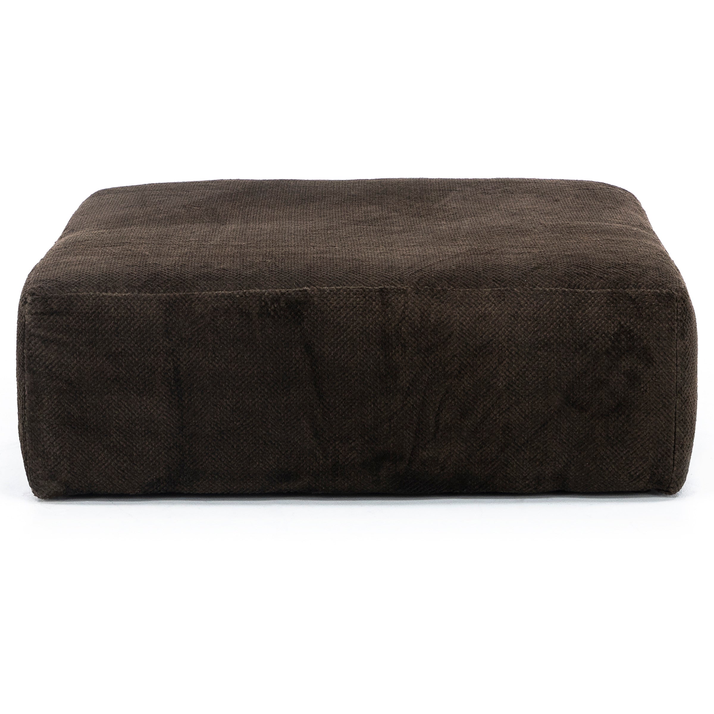 Square dark brown ottoman with soft fabric upholstery.