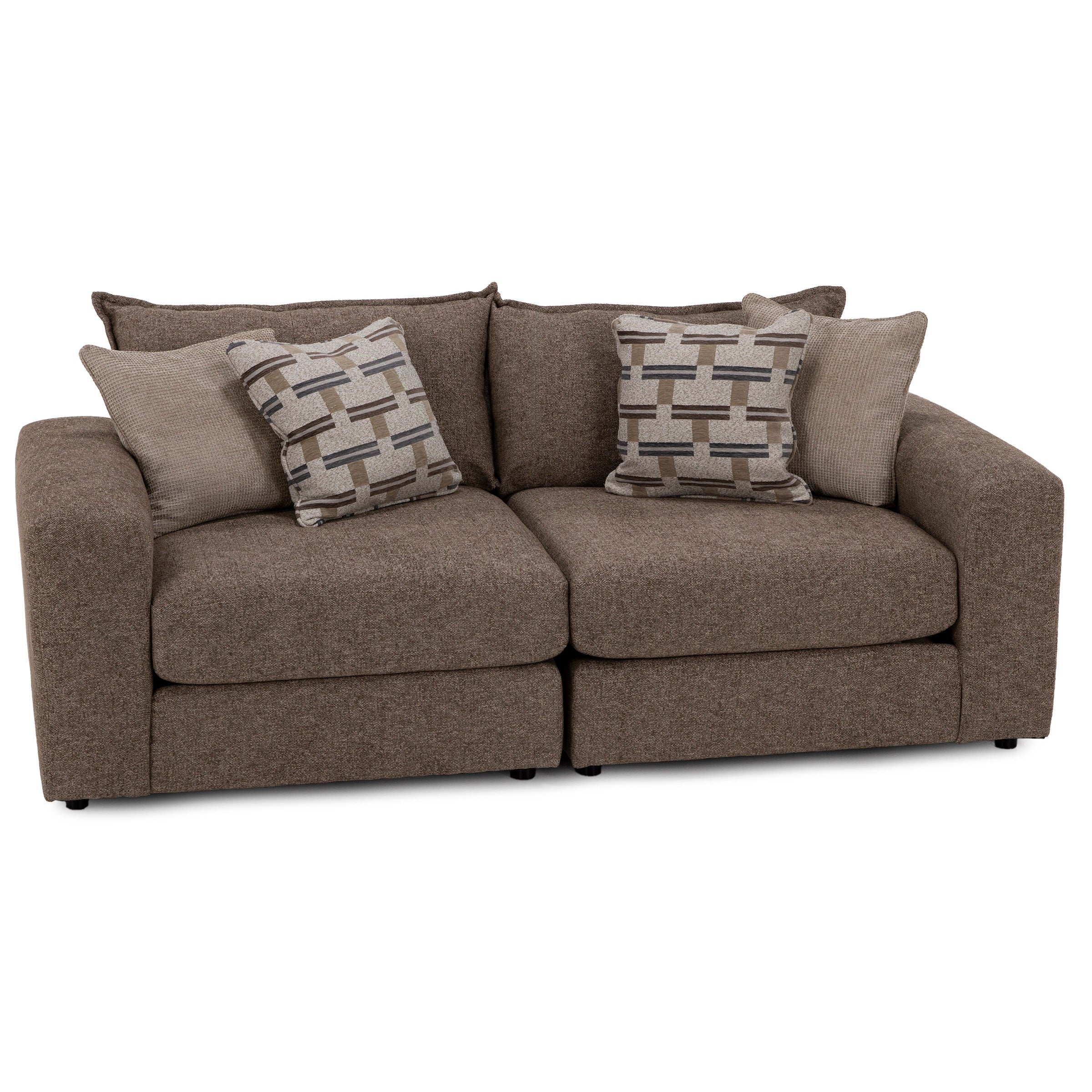 Brown upholstered sofa with four accent pillows.