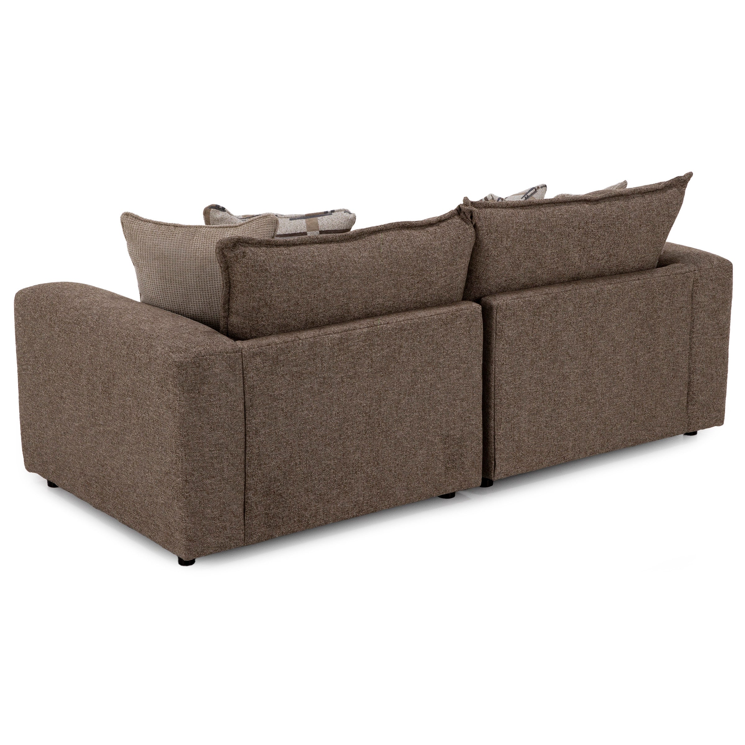 Back view of a brown upholstered sofa with cushions.
