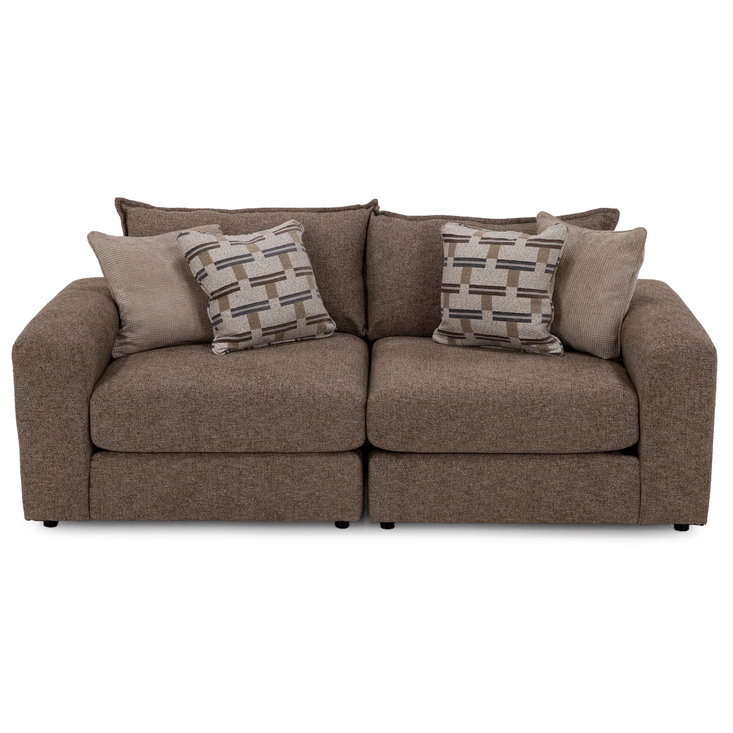 Brown fabric sofa with five decorative pillows.