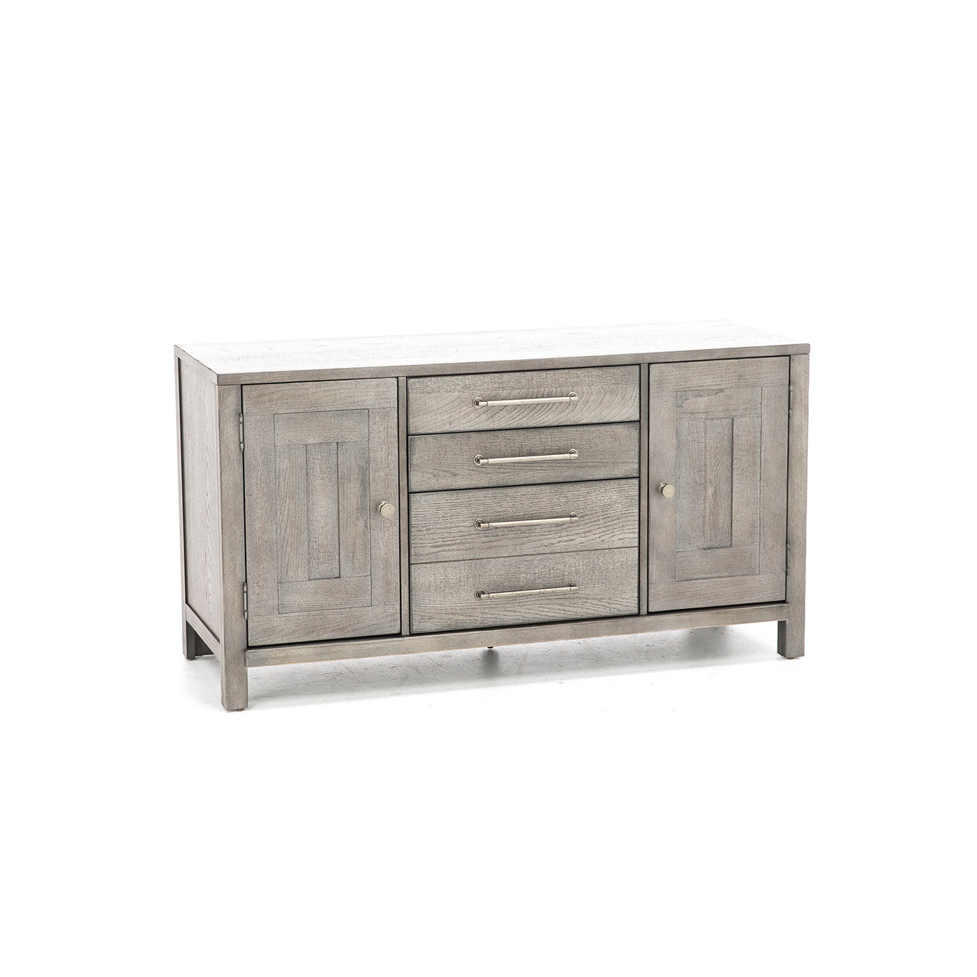 Gray wooden sideboard with two doors and four central drawers.