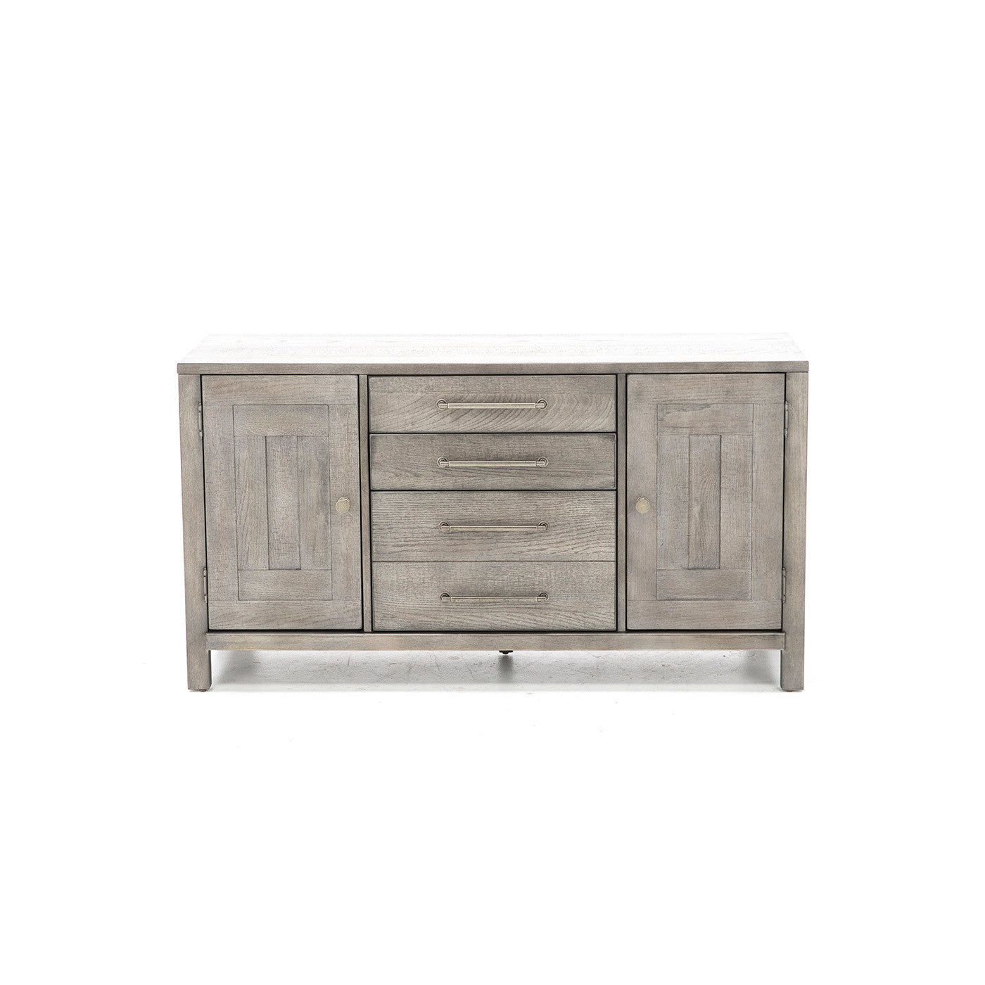 Gray wood sideboard with two doors and four center drawers.
