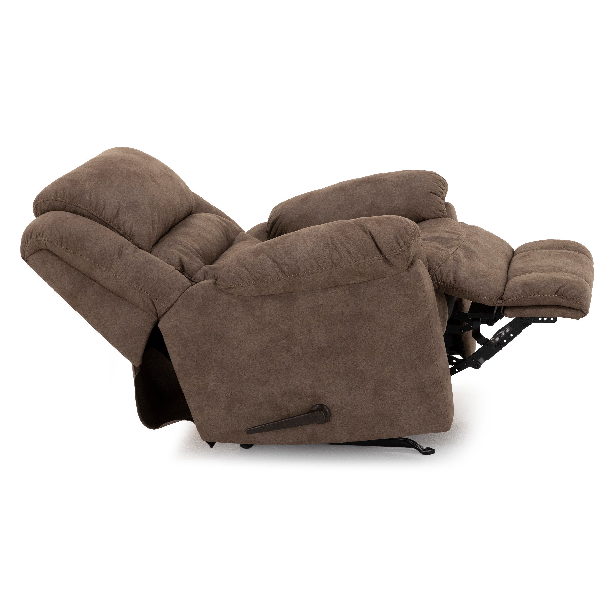 Brown recliner chair shown in fully reclined position, side view.
