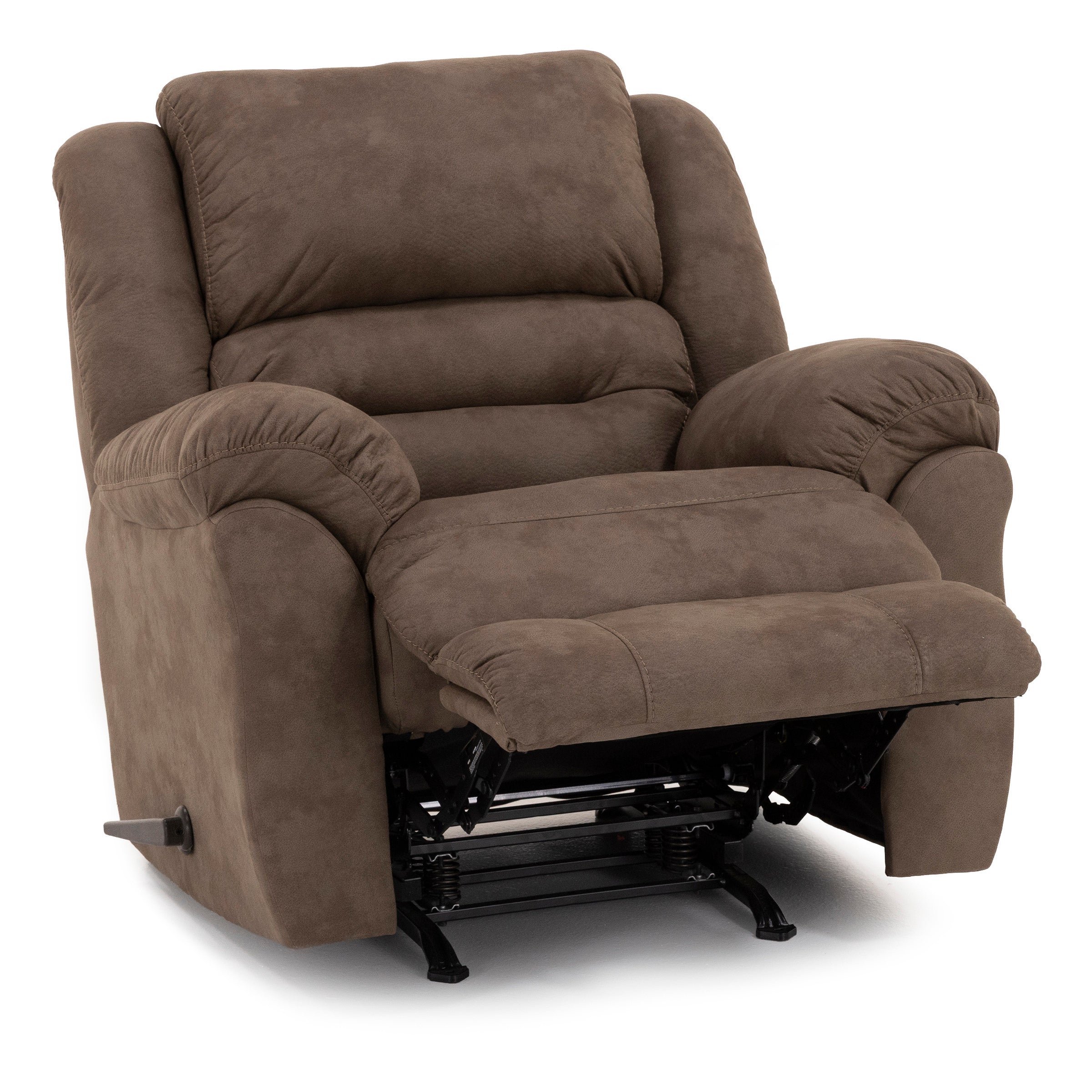 Brown recliner chair with extended footrest, upholstered in plush fabric.