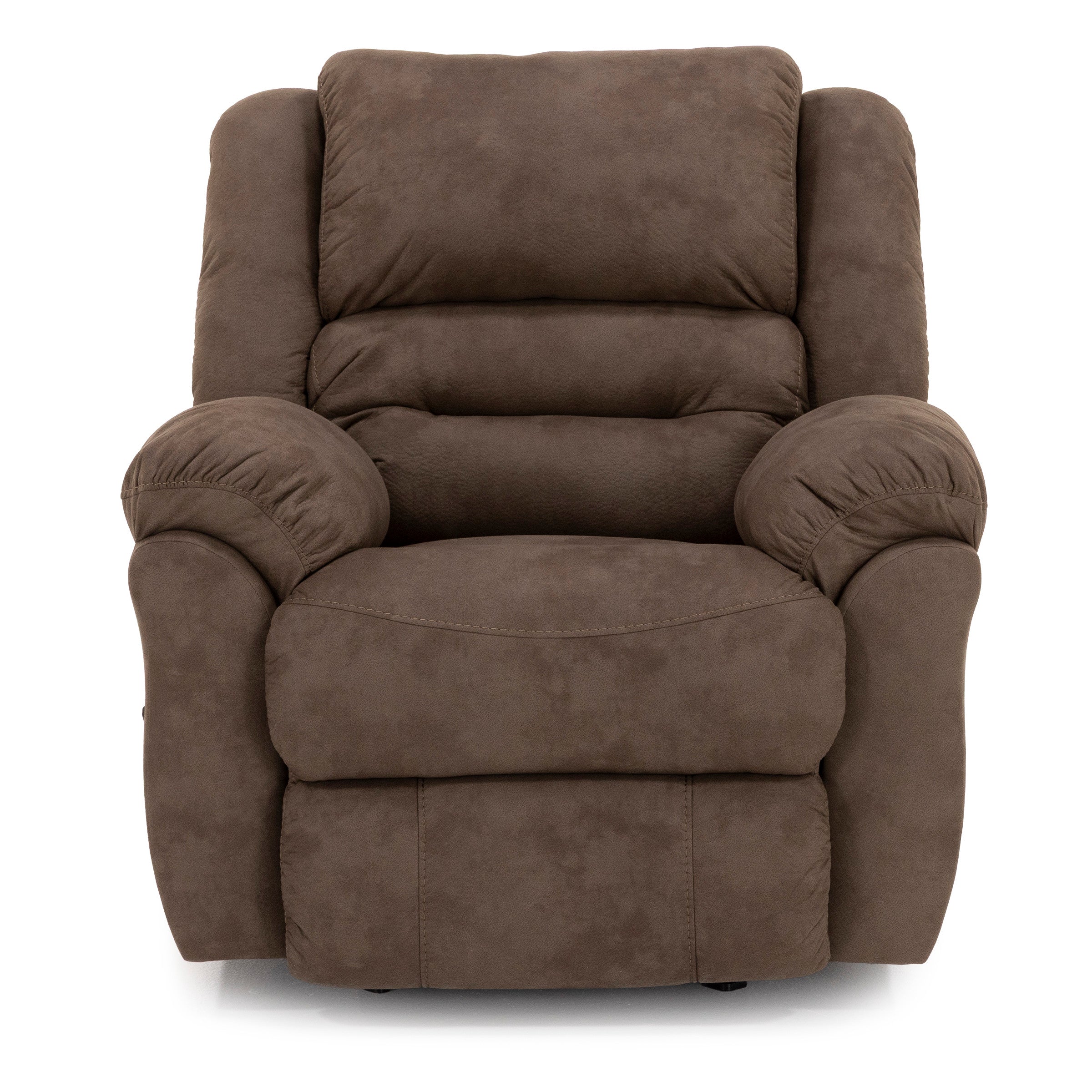 Brown upholstered recliner chair with plush arms and cushioned back.