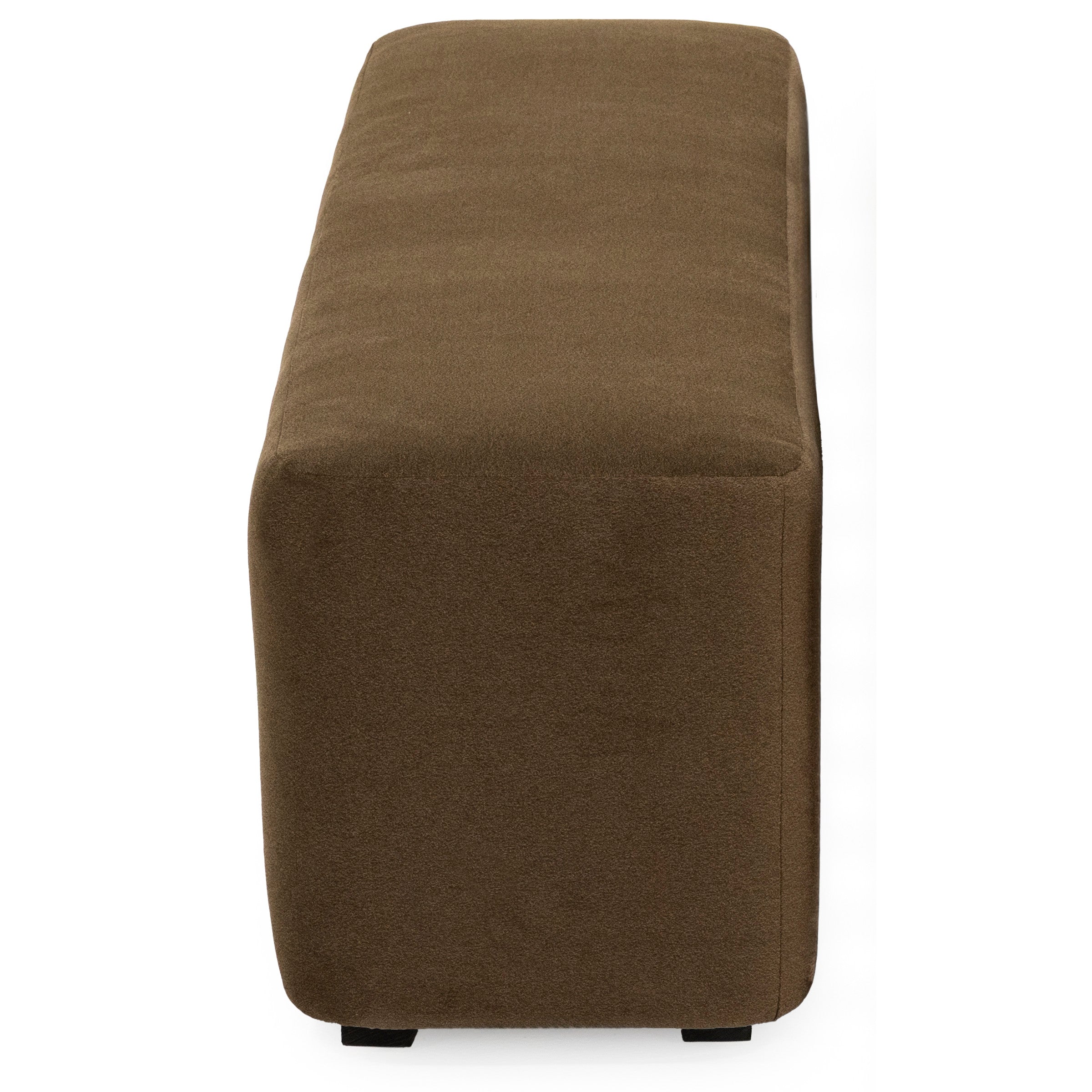 Brown rectangular ottoman with fabric upholstery, viewed from the end.