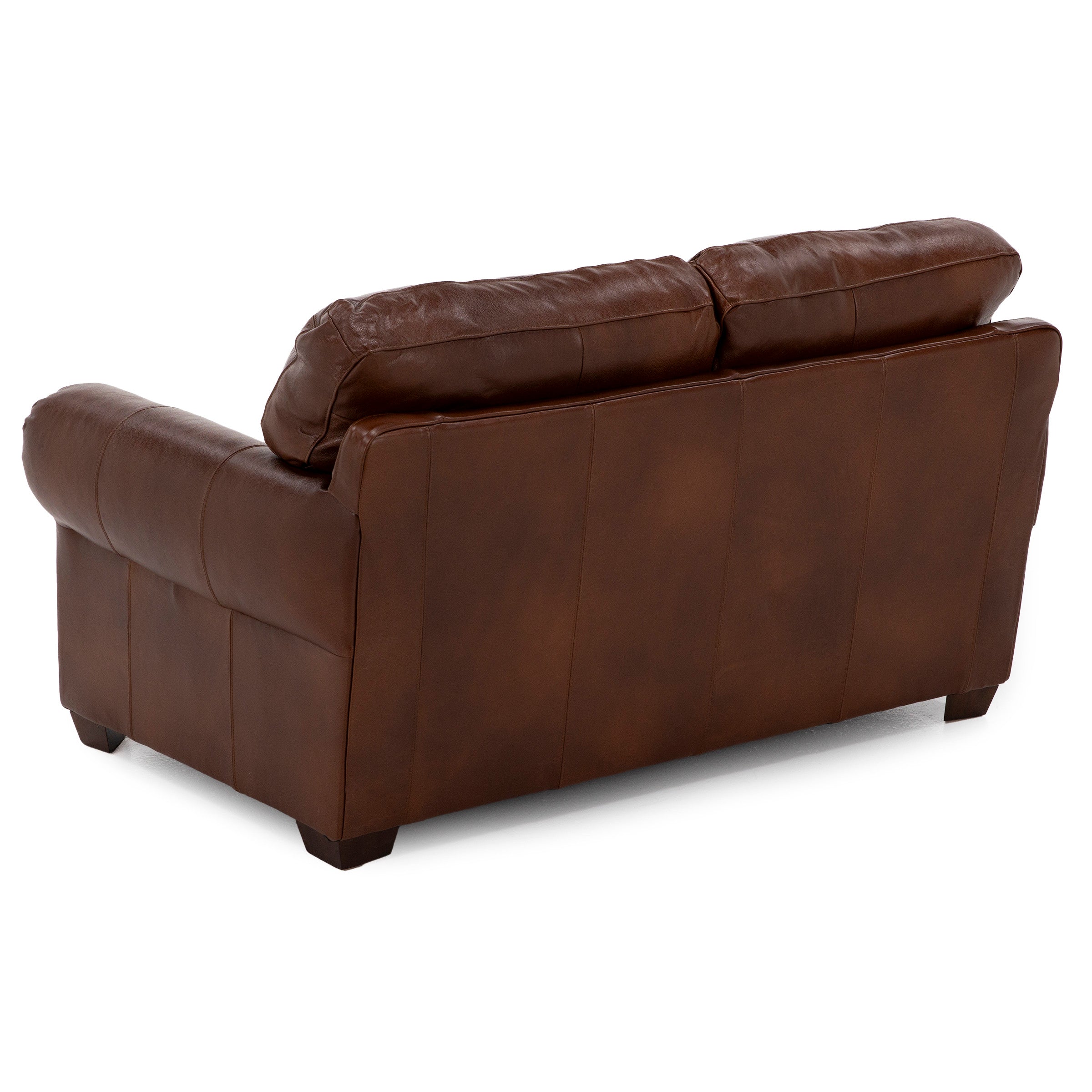 Back view of a brown leather loveseat with plush cushions.
