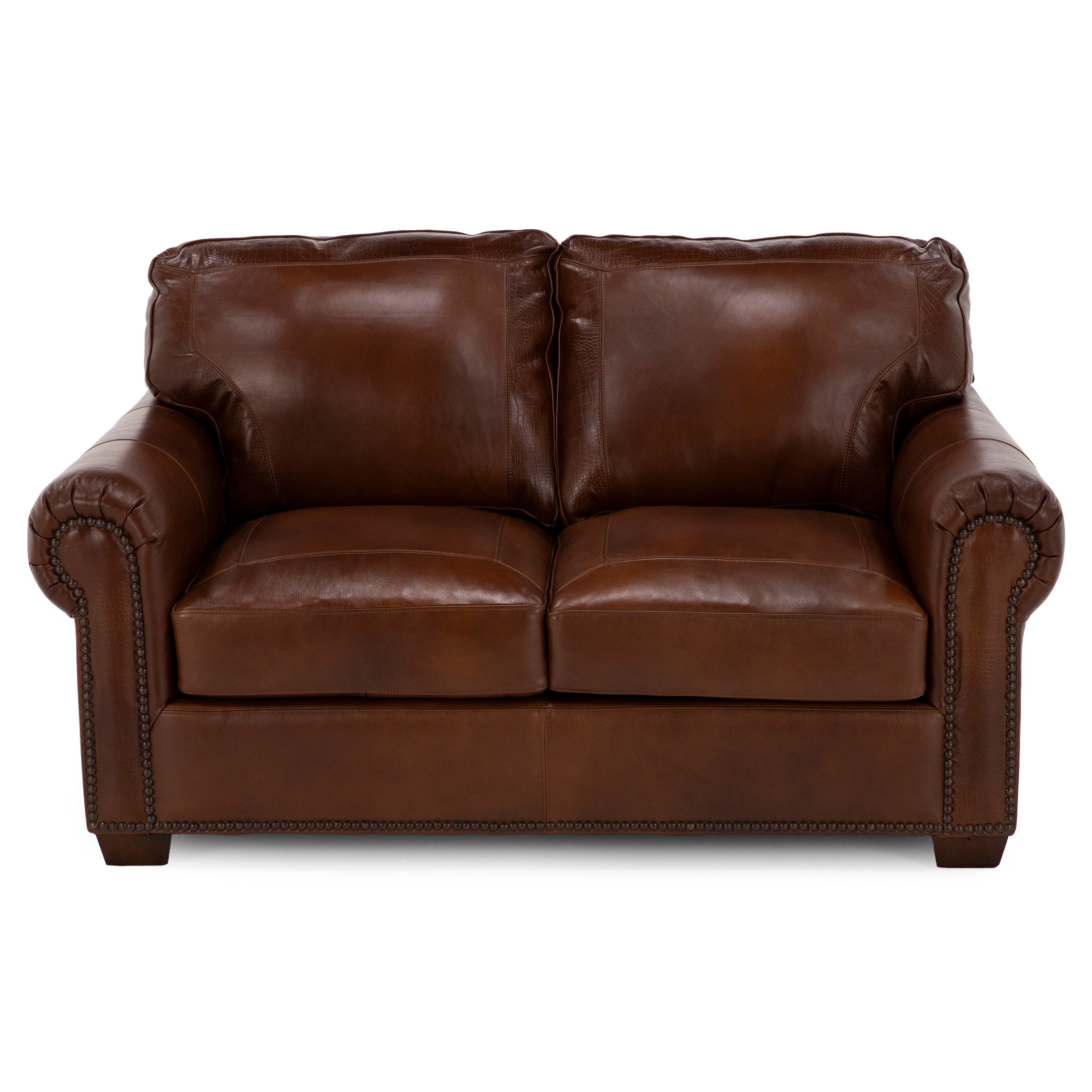 Brown leather loveseat with rolled arms and nailhead trim.