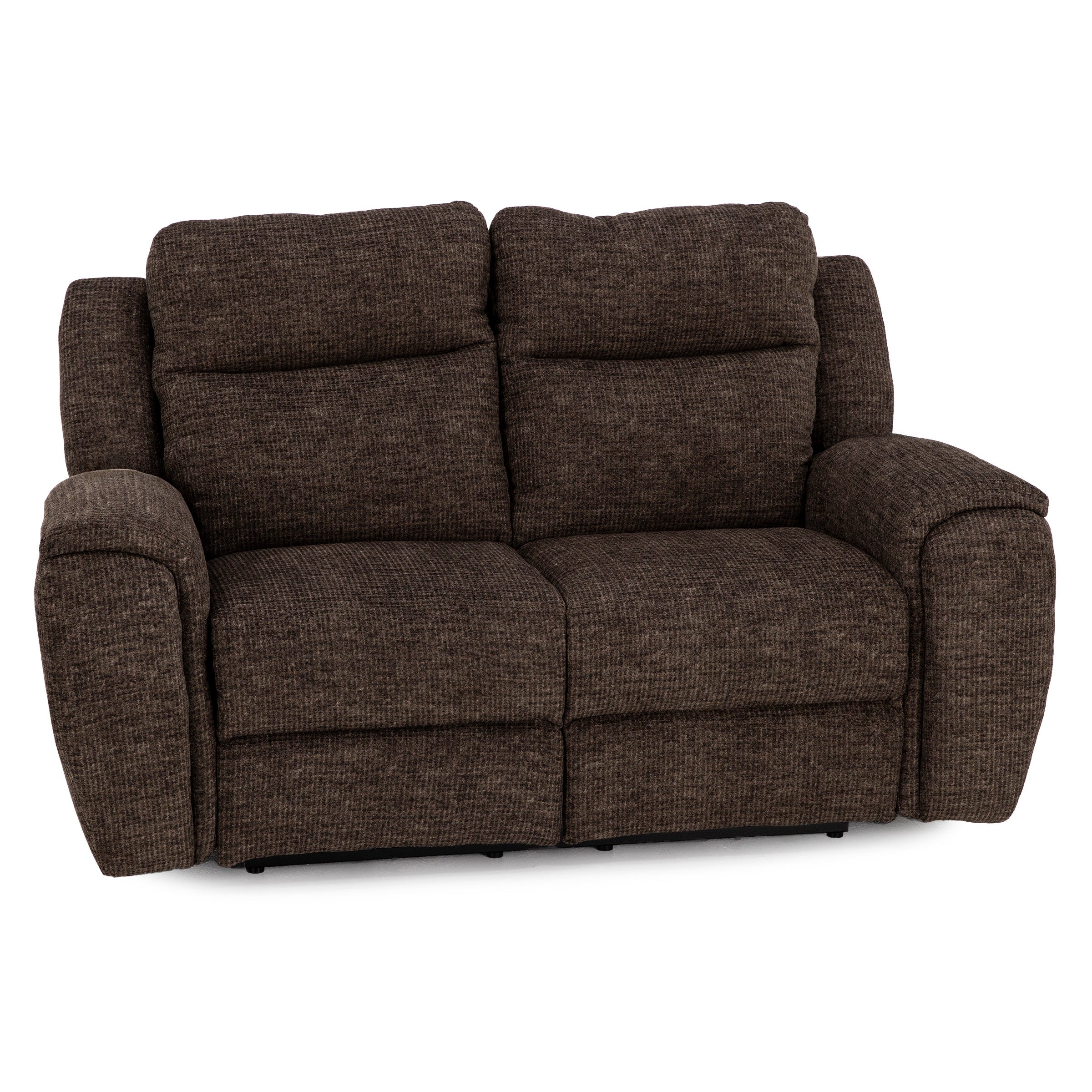 Brown fabric loveseat with plush cushions and wide armrests.