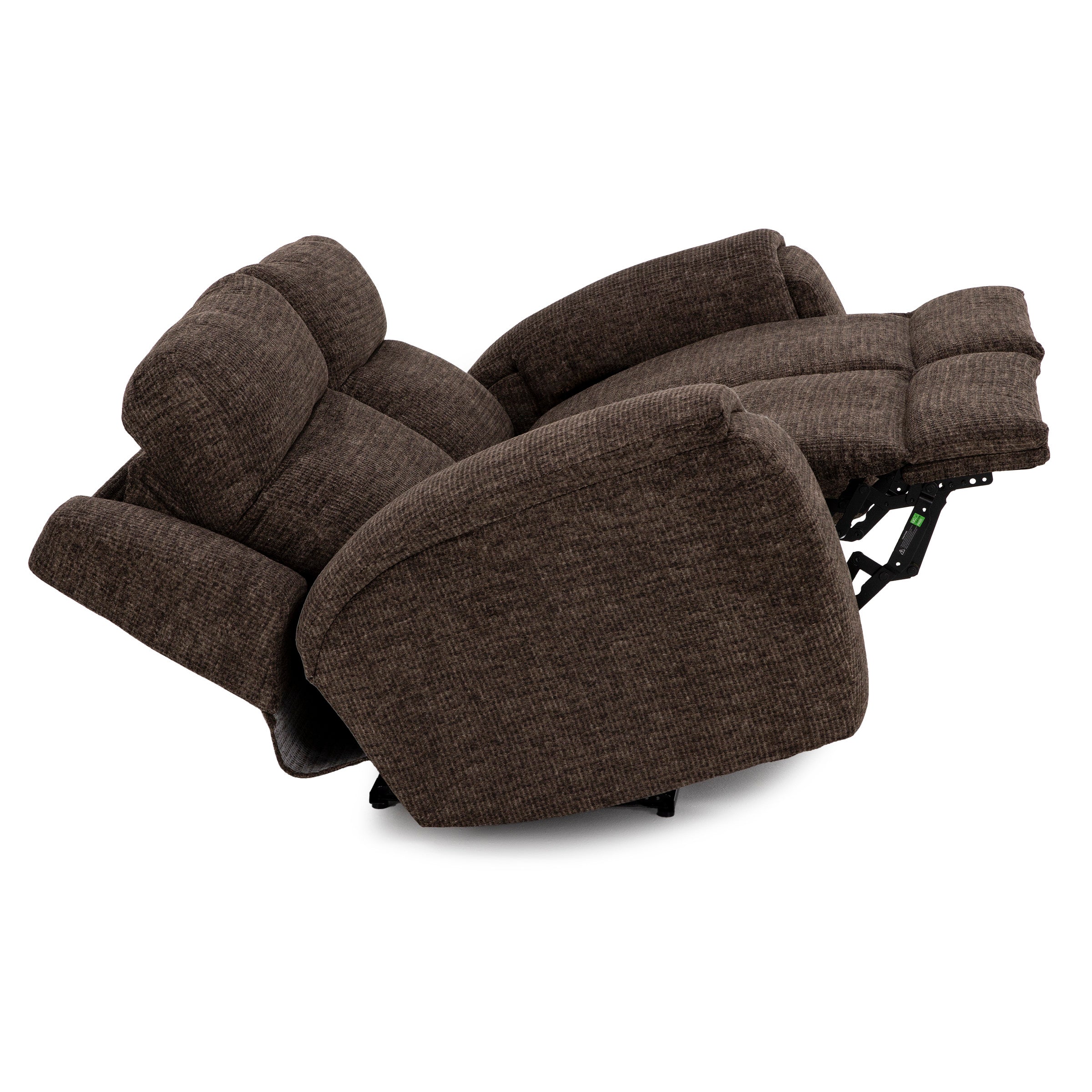 Brown fabric recliner chair shown in an extended, fully reclined position.
