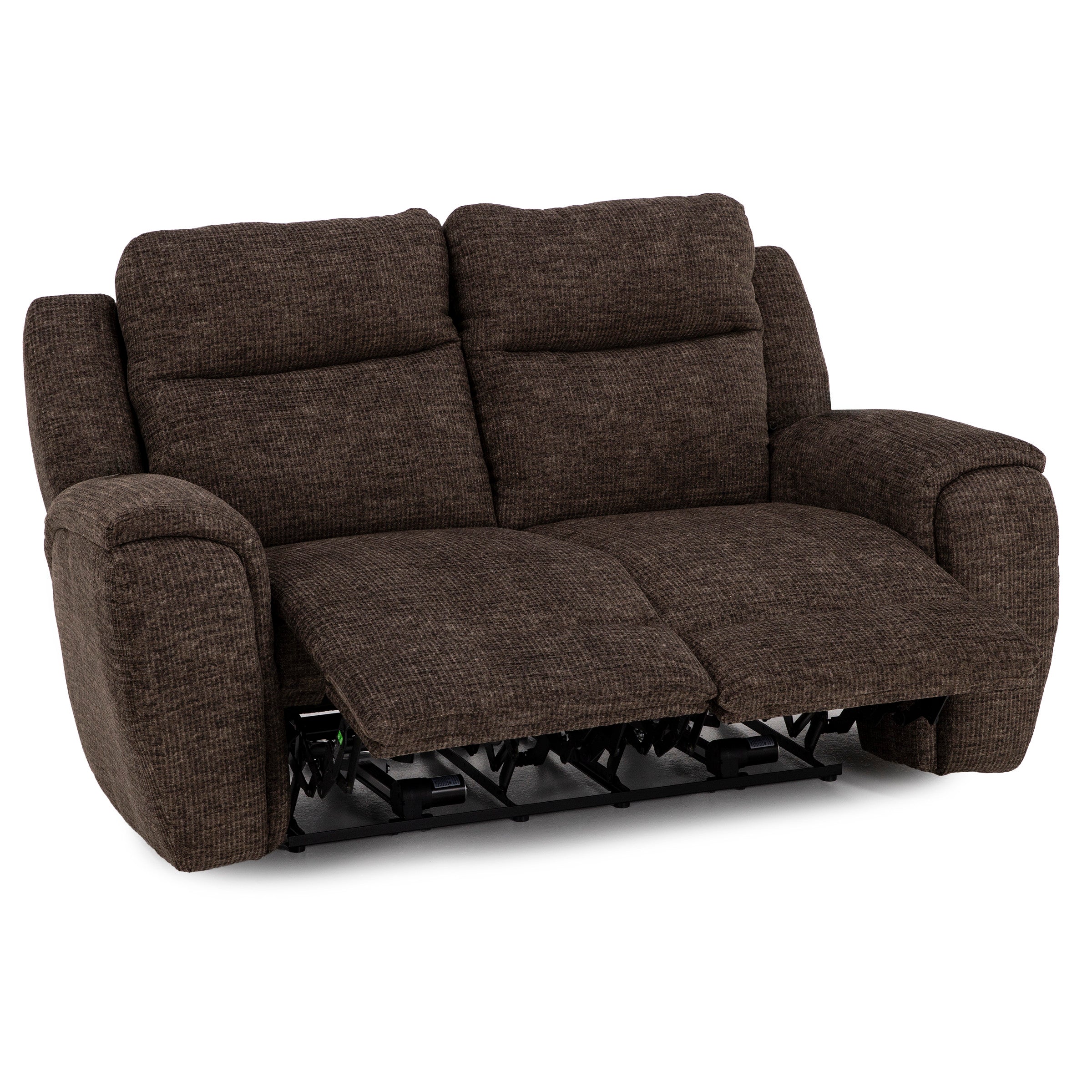 Brown reclining loveseat with padded arms and footrests extended.