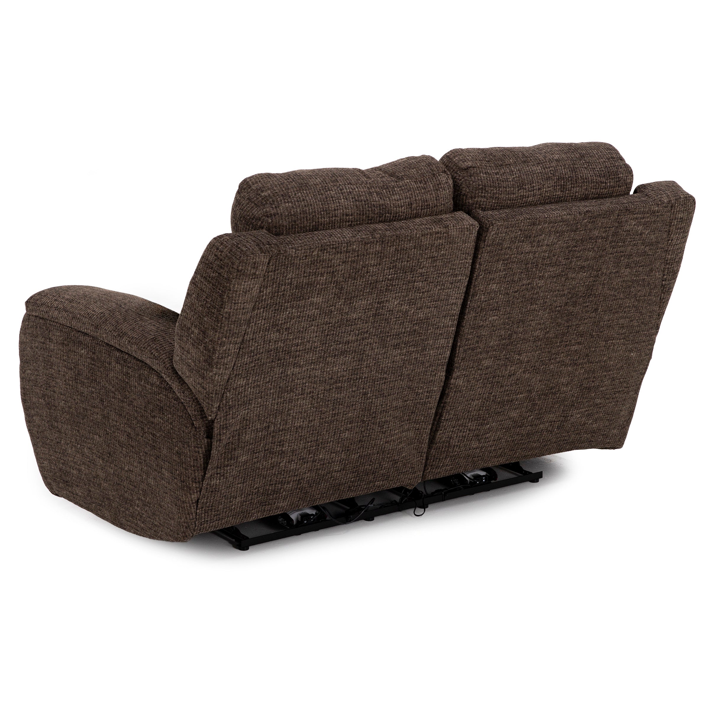Back view of a brown reclining loveseat with padded cushions.