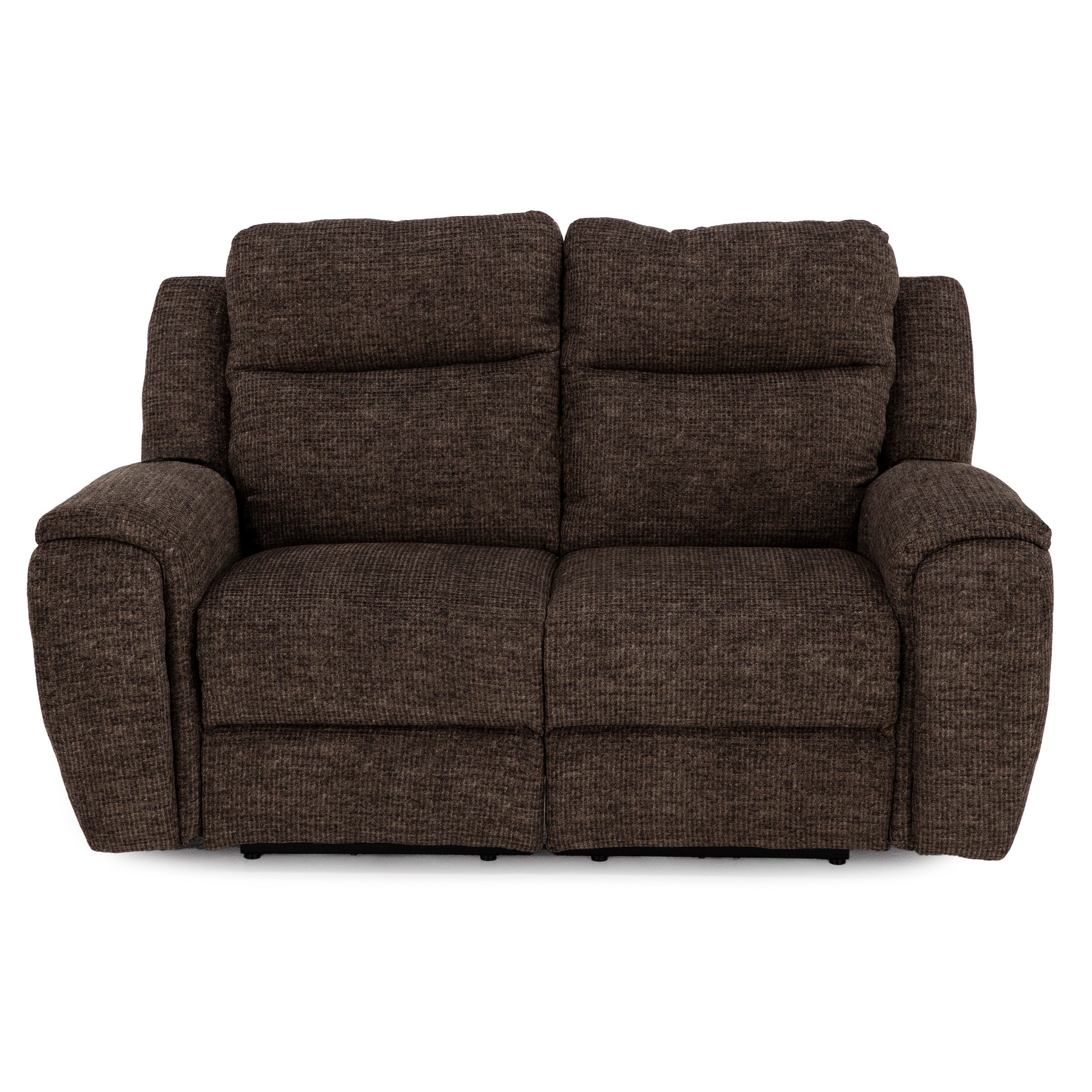 Dark brown fabric loveseat with plush cushions and wide arms.