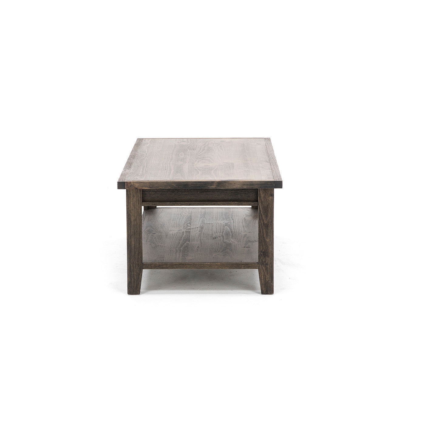 Rectangular wooden coffee table with lower shelf, front view.