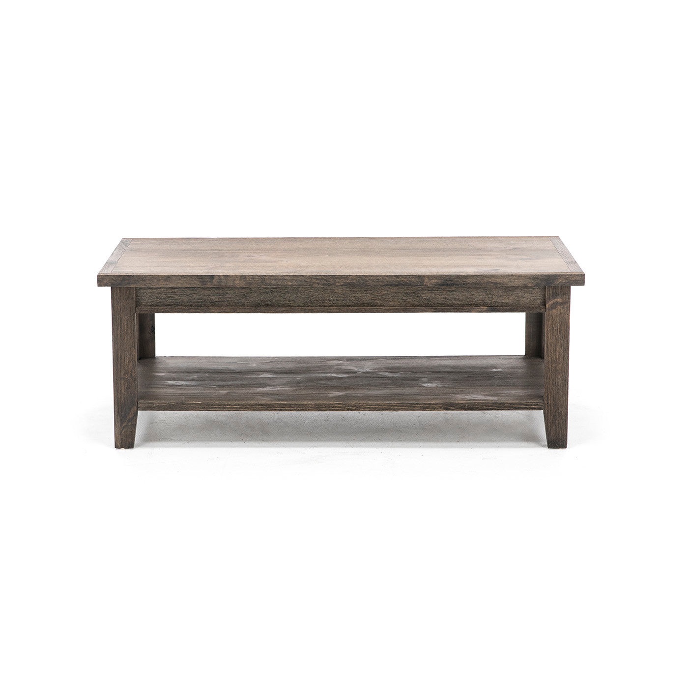 Rectangular wooden coffee table with lower storage shelf.