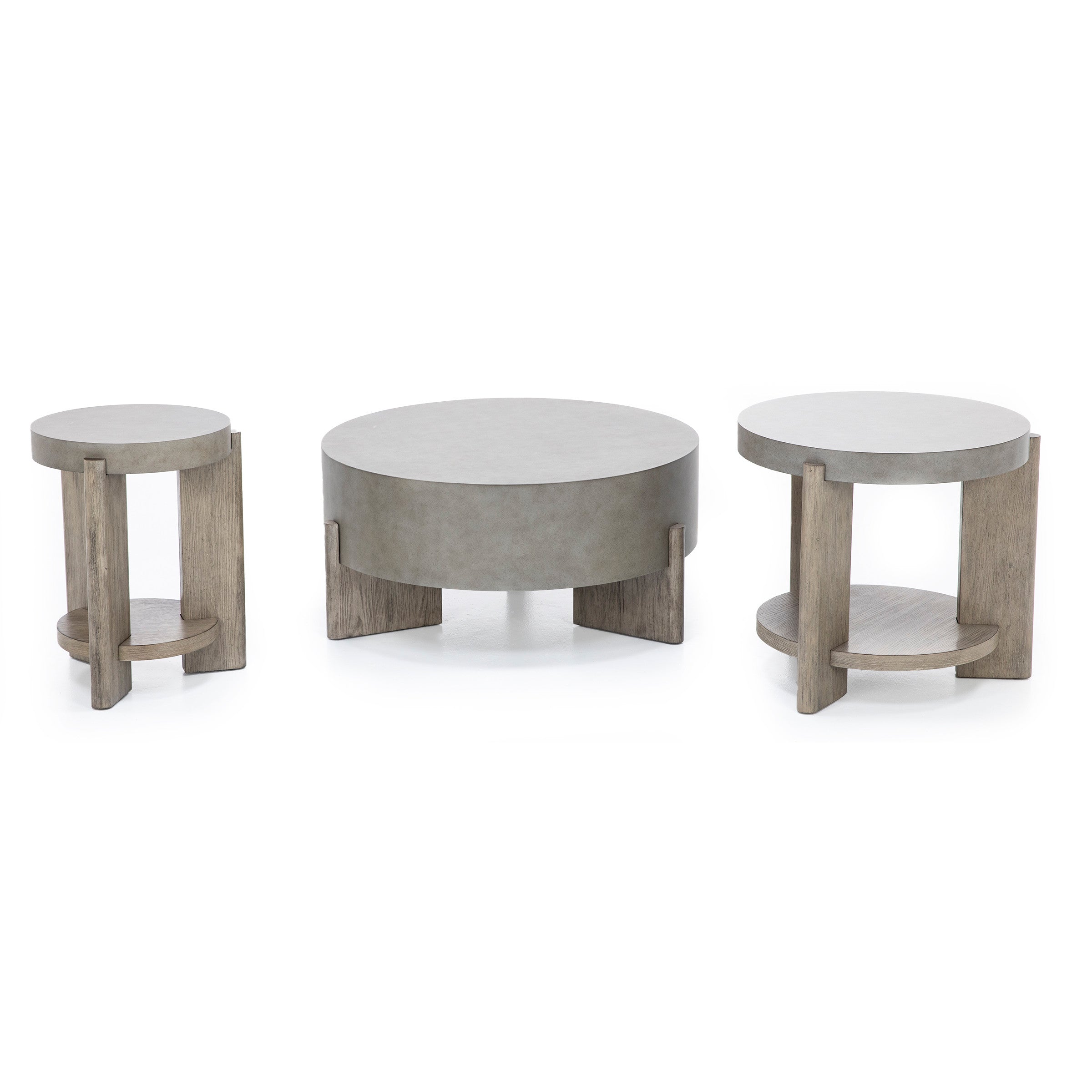Set of three round tables with grey tops and wood legs in modern style.