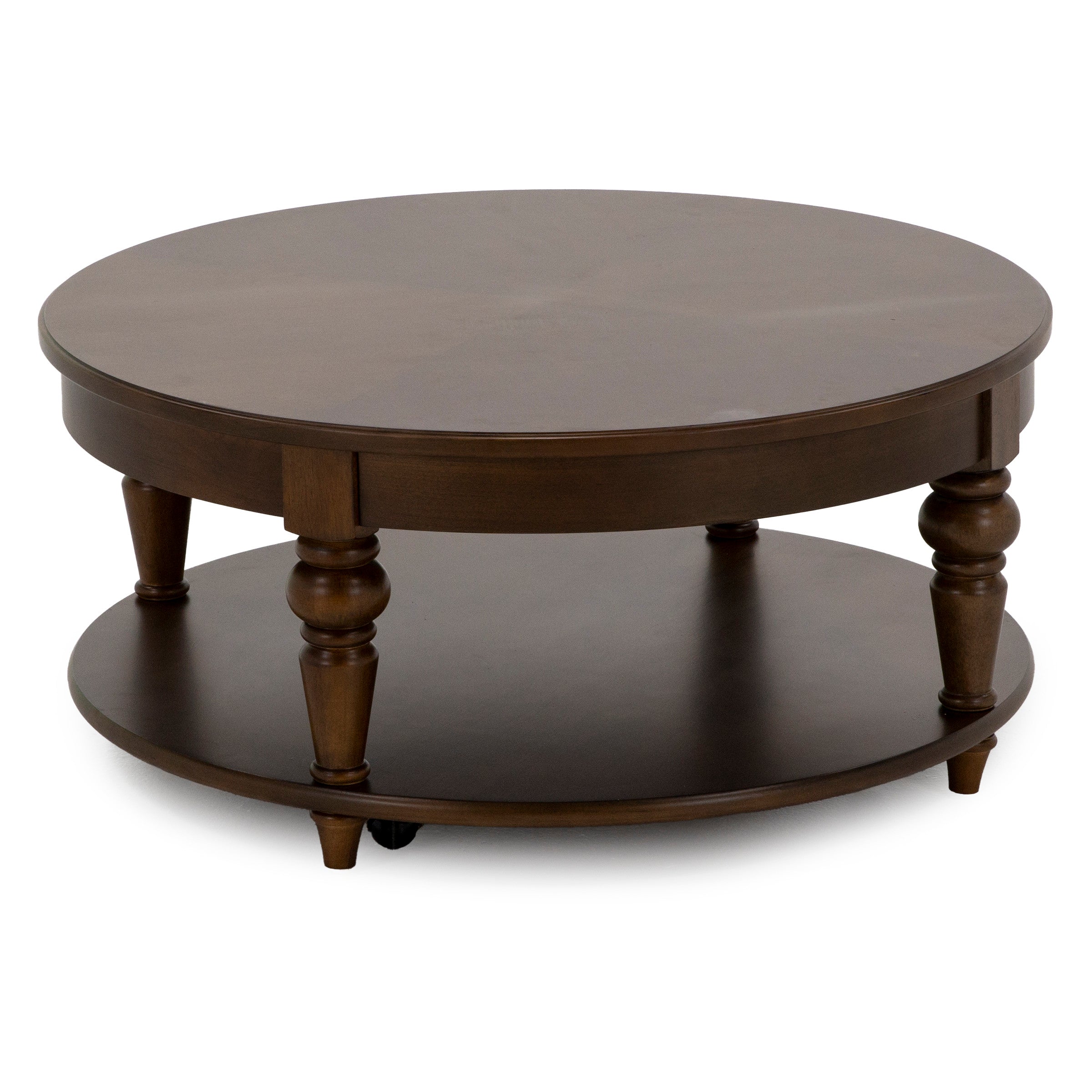 Round wooden coffee table with lower shelf.