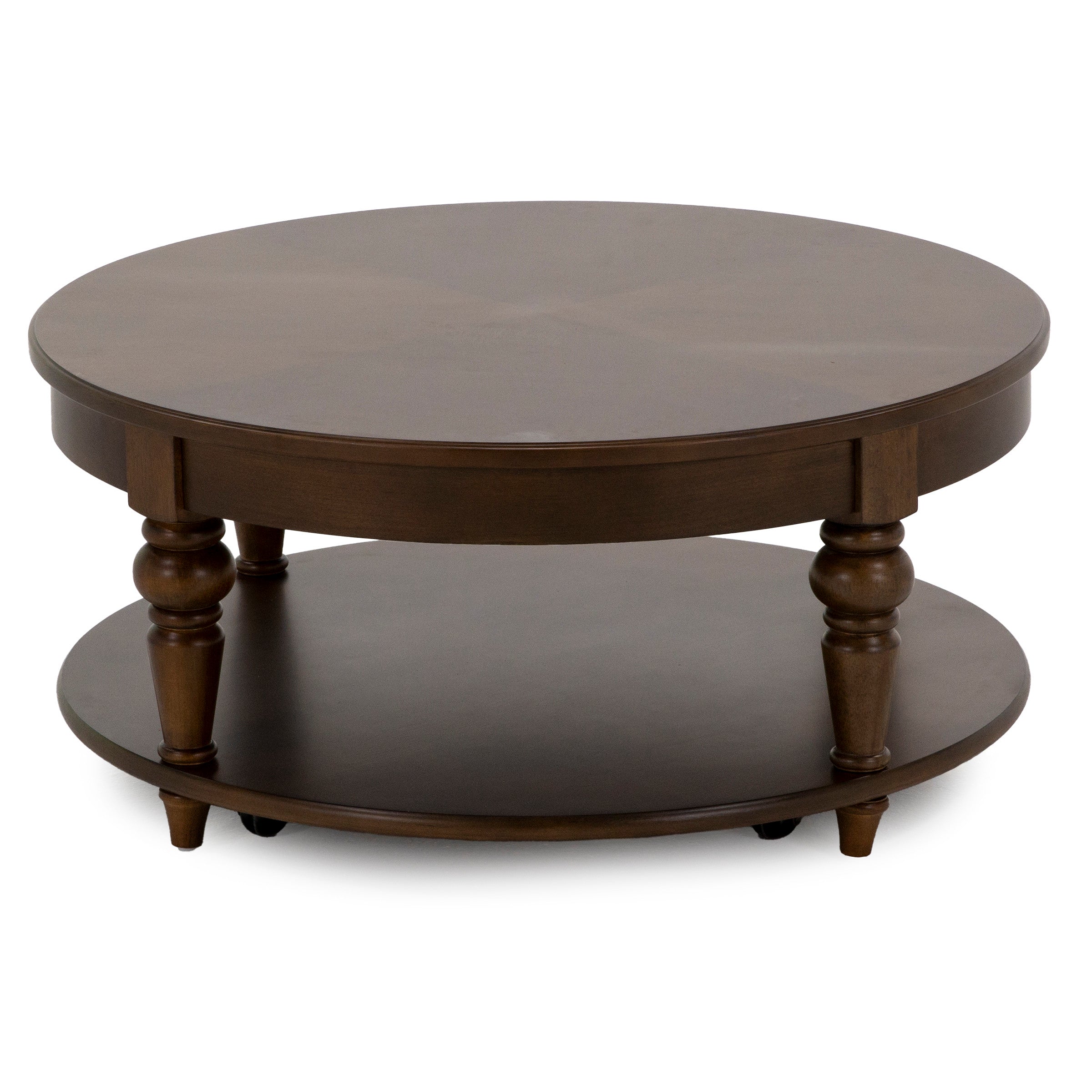 Round wooden coffee table with lower shelf in dark brown finish.