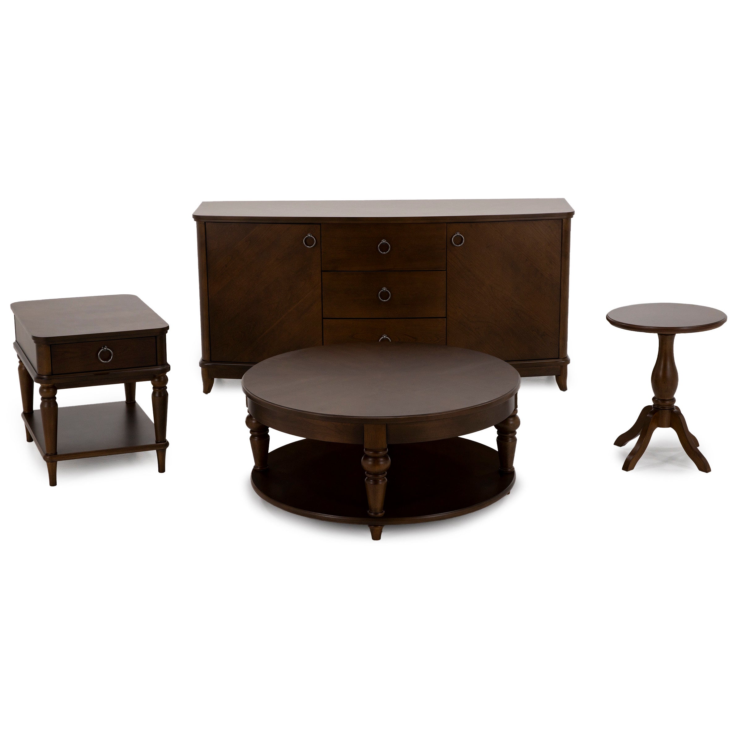 Set of four dark wood tables including coffee, end, accent, and console table.