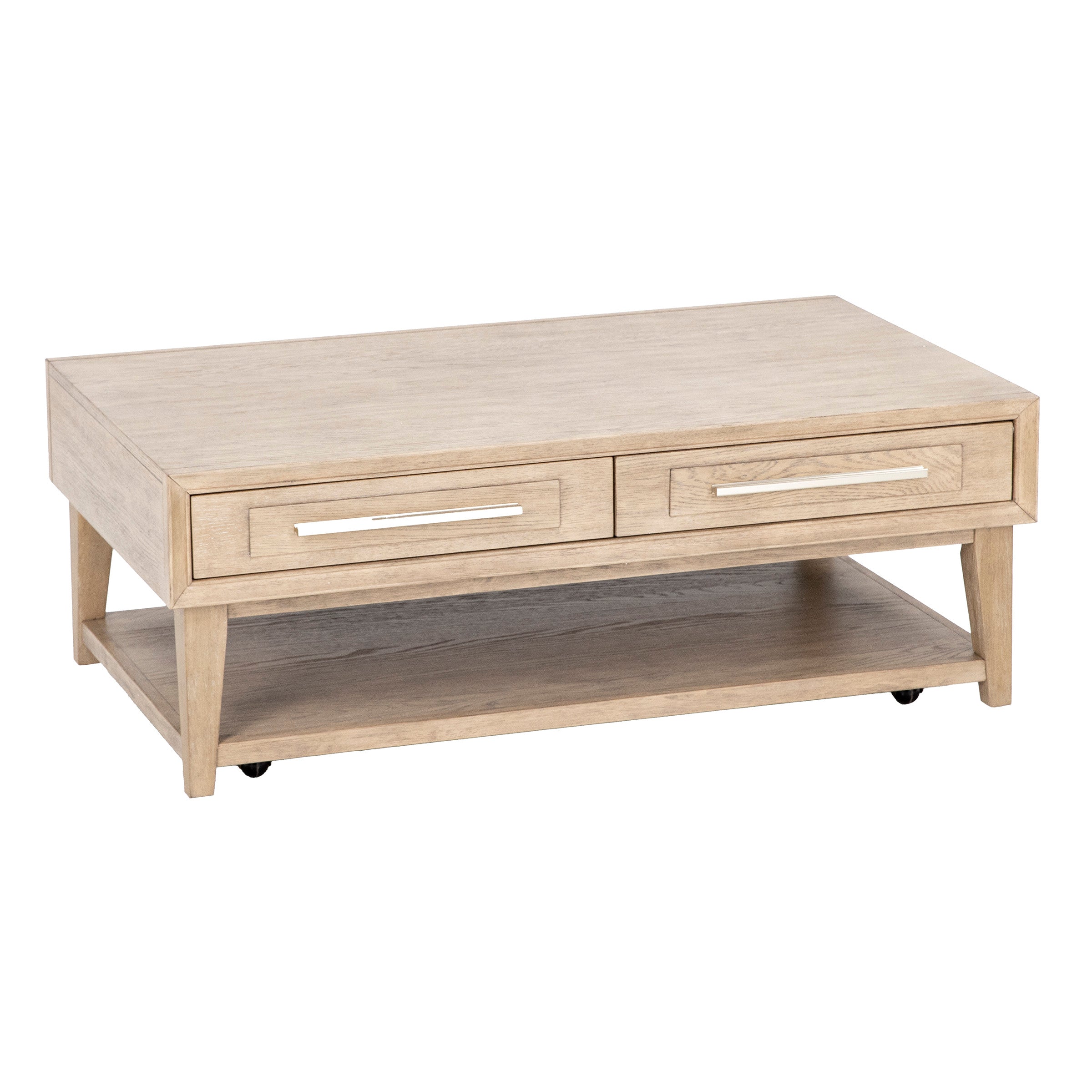 Light wood coffee table with two drawers and lower shelf.