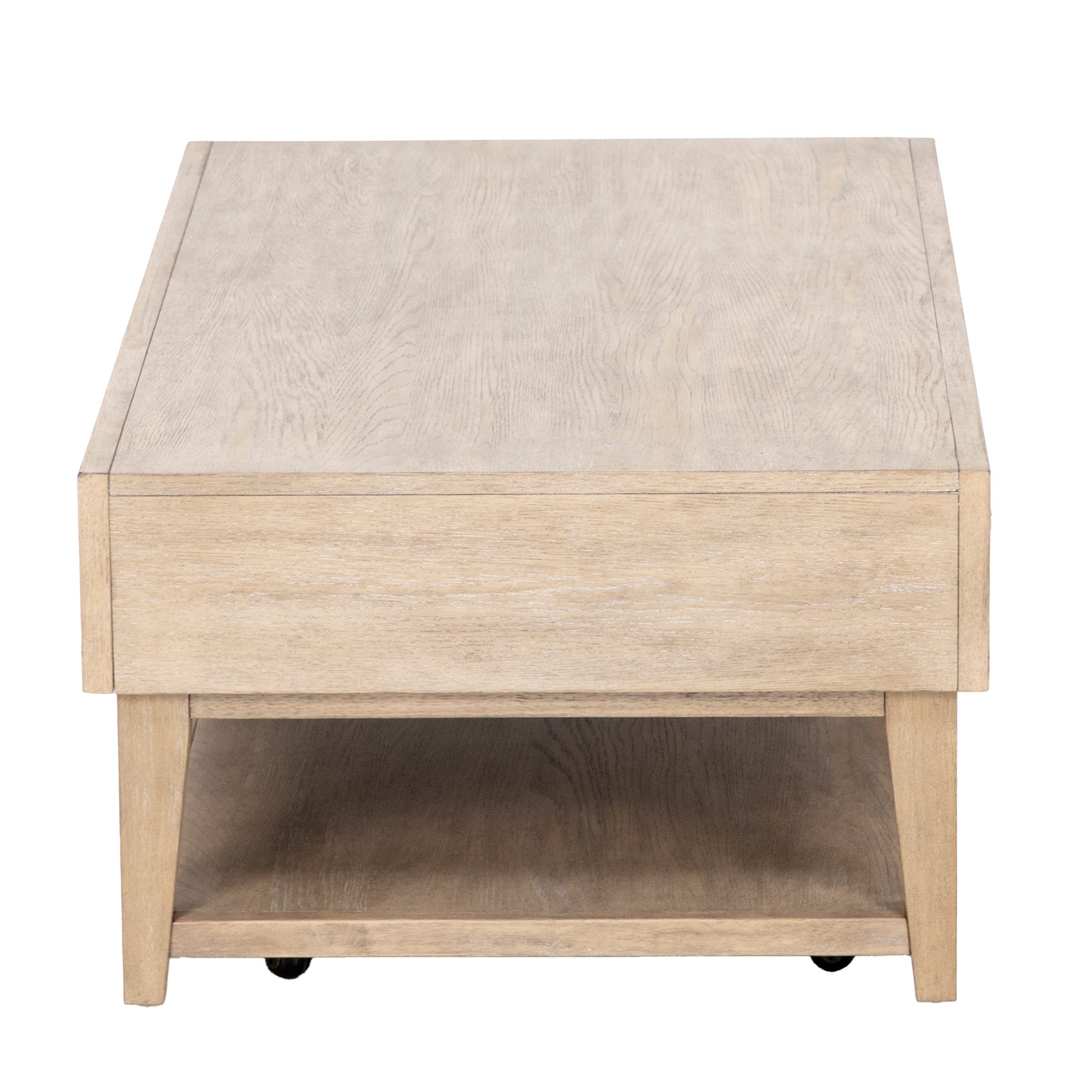 Rectangular light wood coffee table with open lower shelf.
