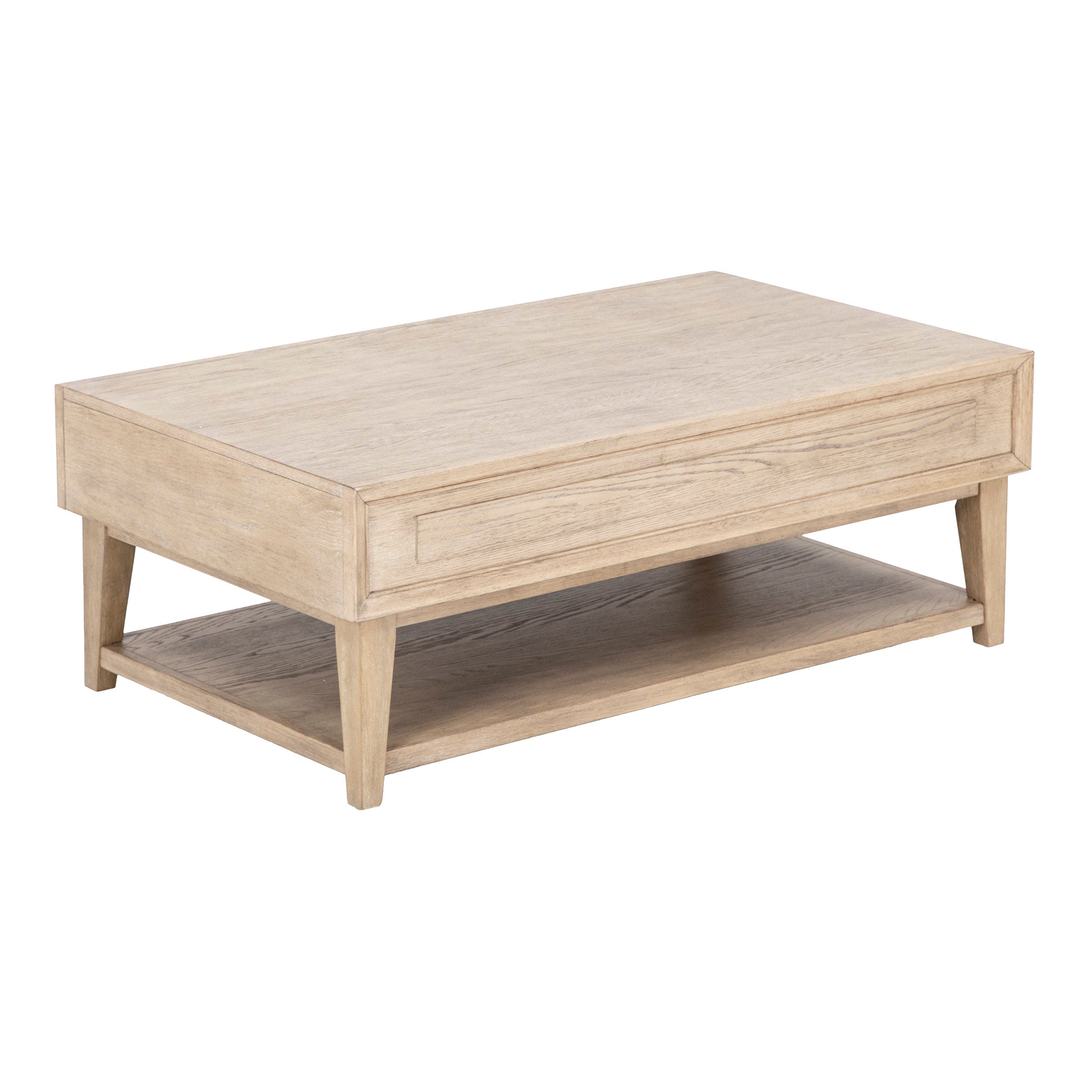 Rectangular wooden coffee table with lower shelf, light finish.