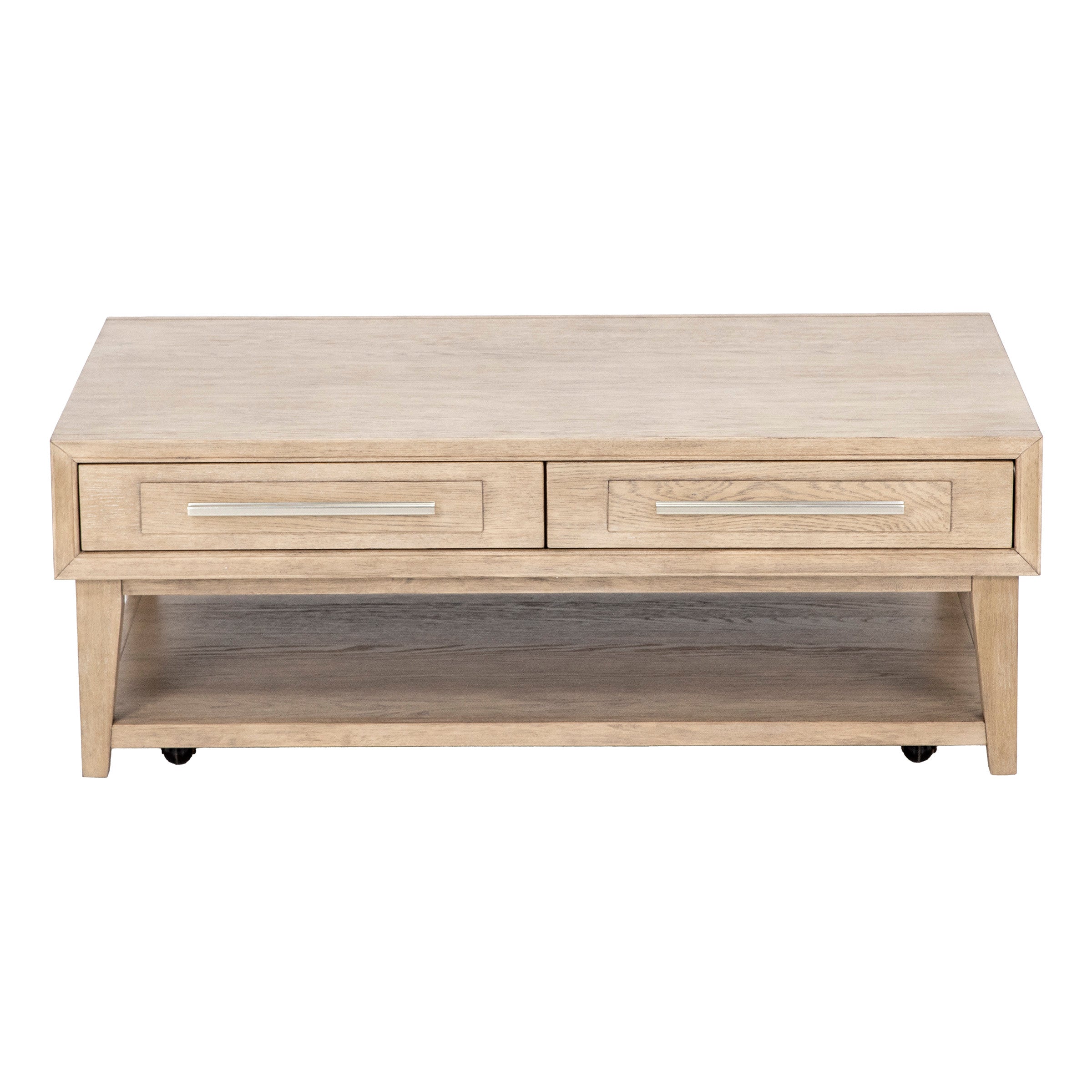 Light wood coffee table with two drawers and a lower shelf, viewed from the front.