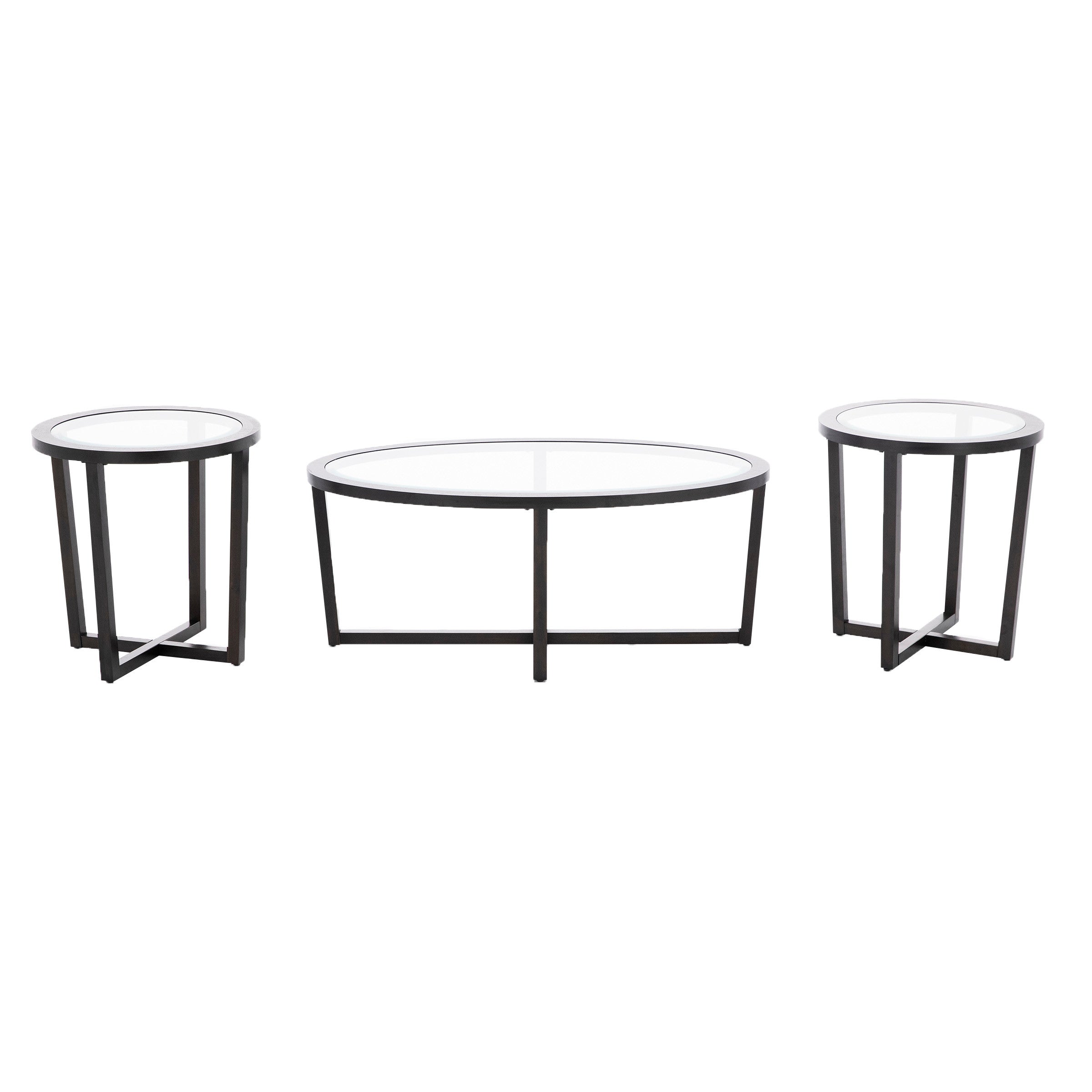 Three-piece modern table set with glass tops and dark metal frames.