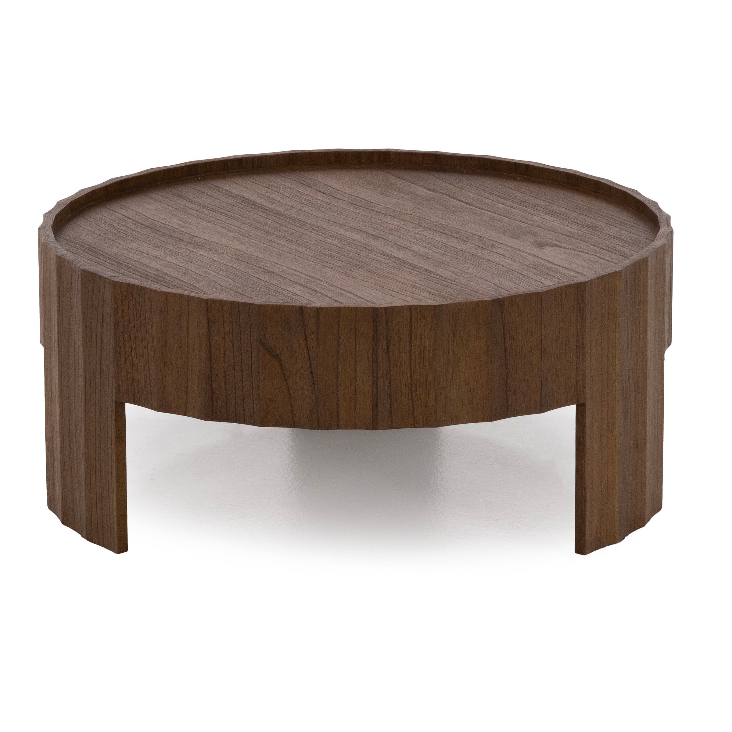 Round wooden coffee table with a faceted edge and open legs, shown on a white background.