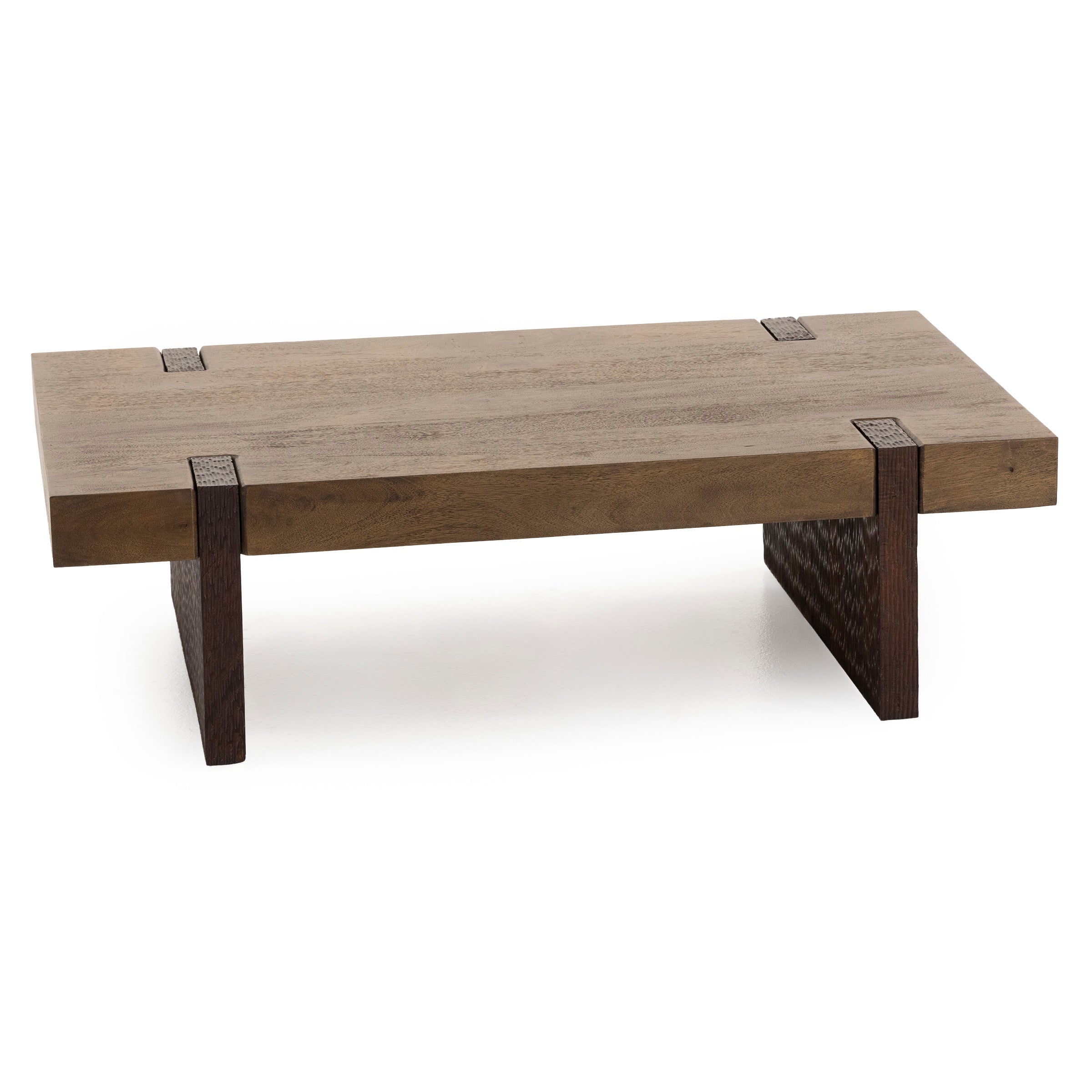 Rectangular wooden coffee table with dark legs and textured joint accents.