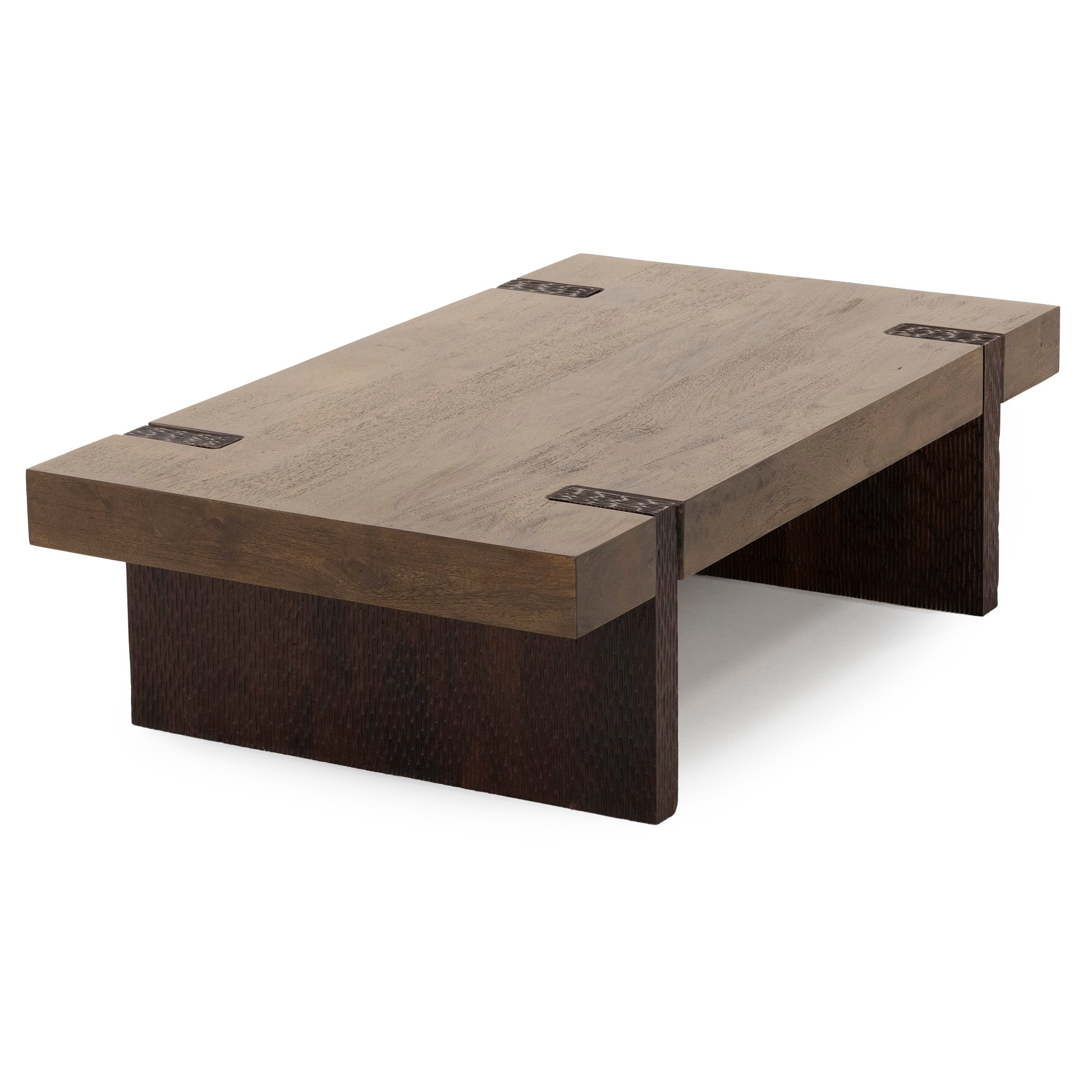 Rectangular wood coffee table with visible joint accents and dark panel legs.