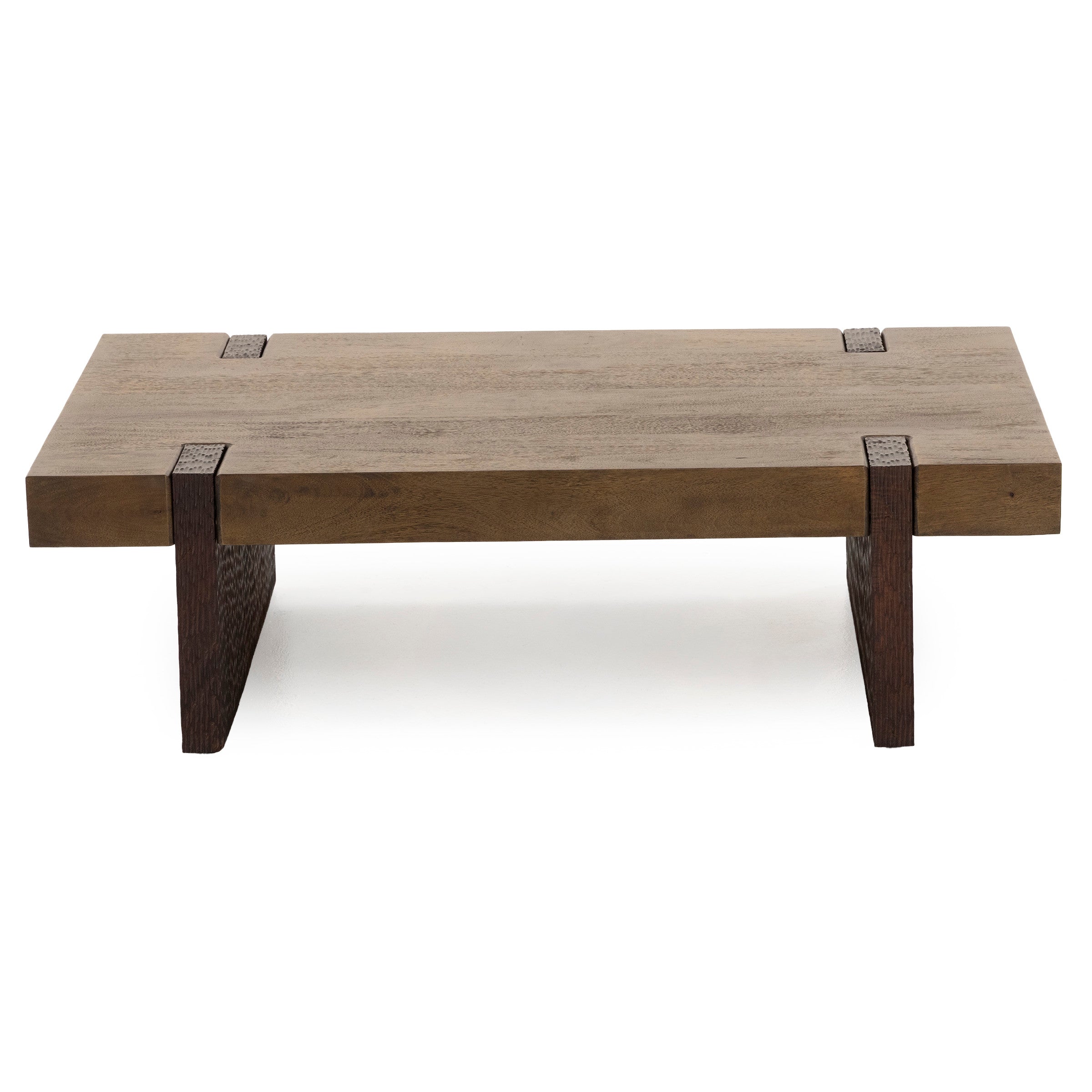 Rectangular wood coffee table with thick top and dark textured legs.