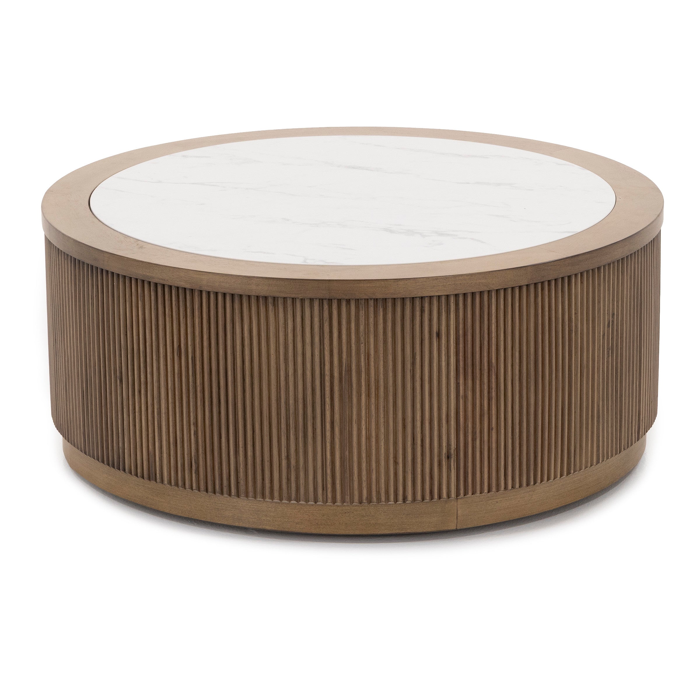Round coffee table with ribbed wood base and white marble top.