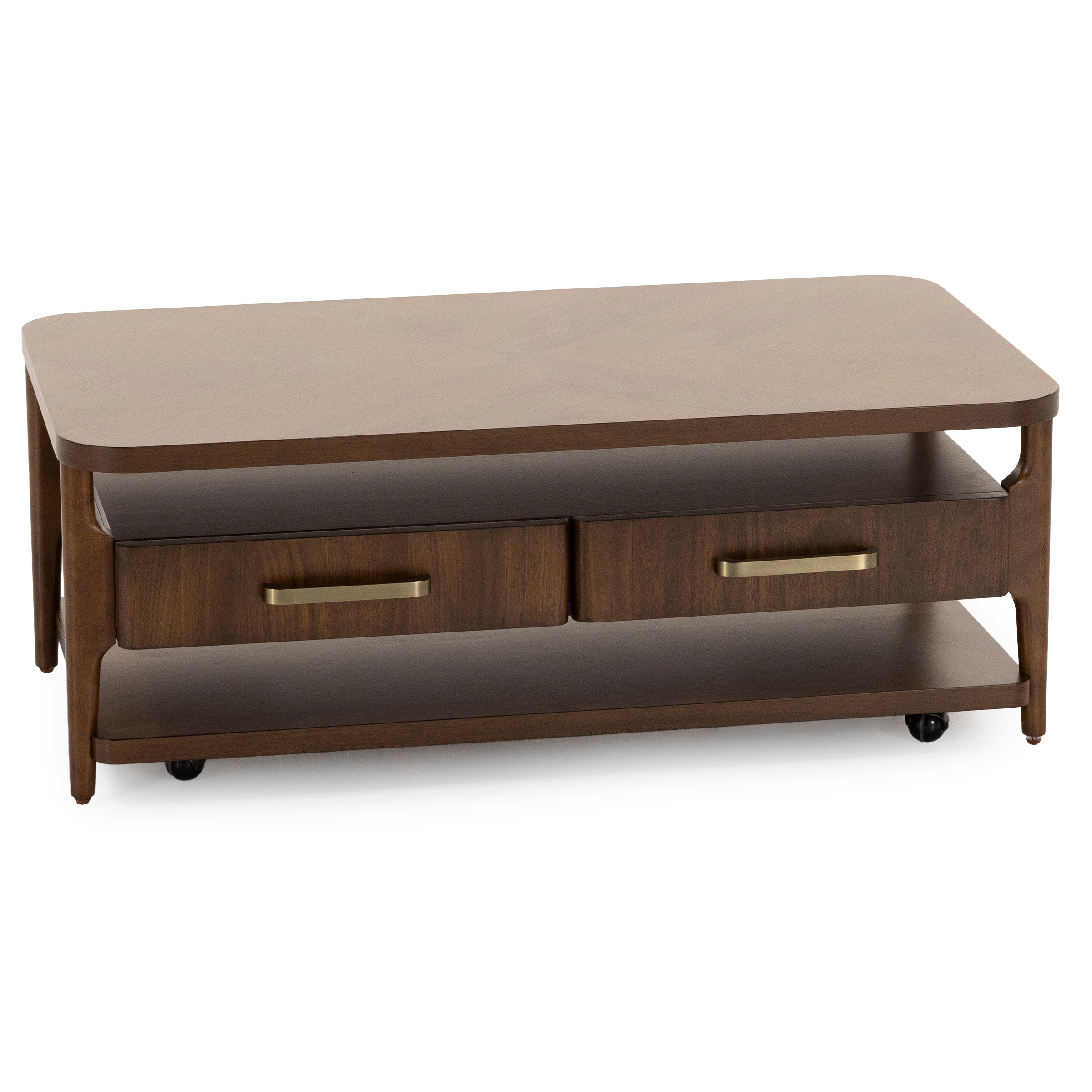 Mid-century modern coffee table with two drawers, brass handles, and an open lower shelf.
