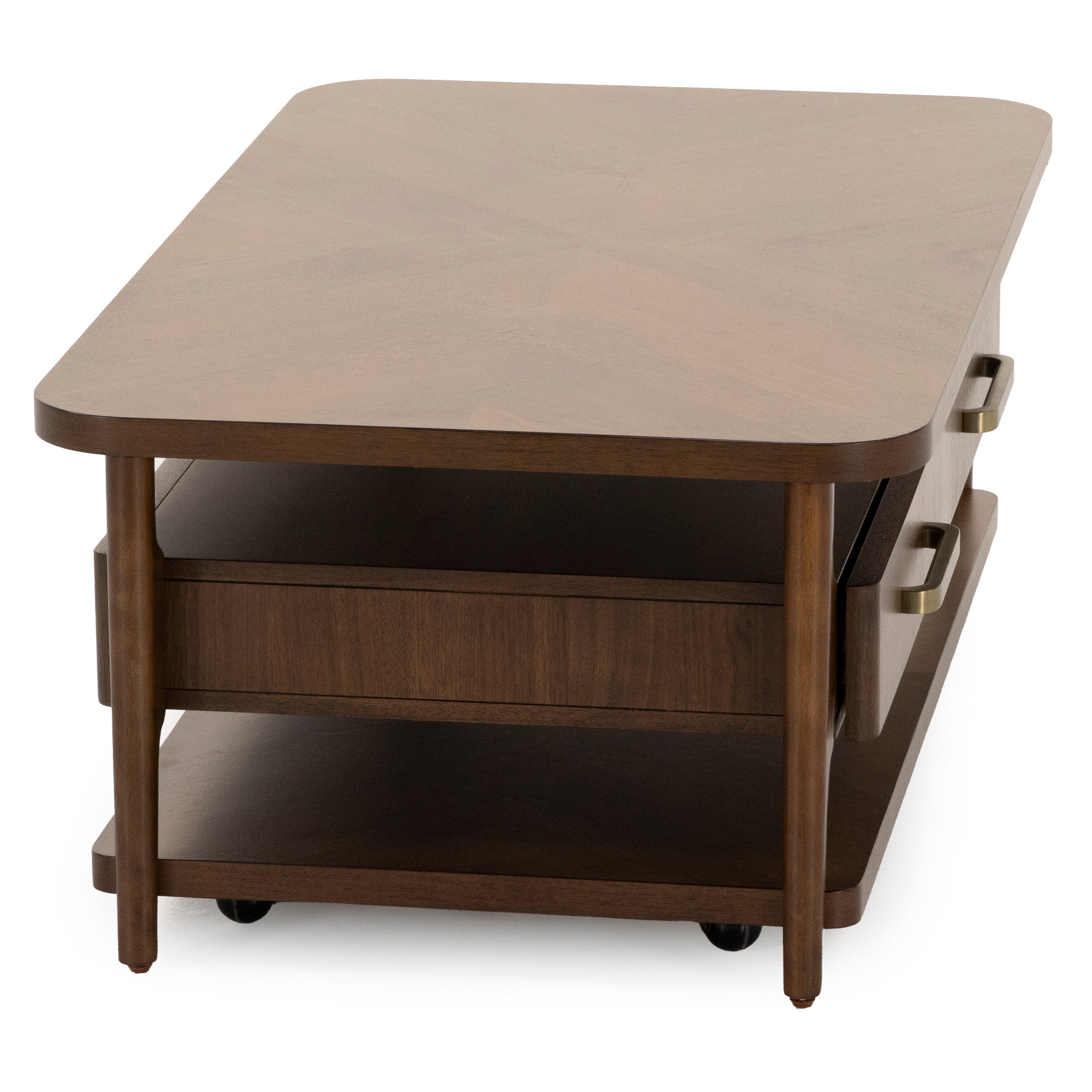 Rectangular wood coffee table with open shelf and rounded corners.
