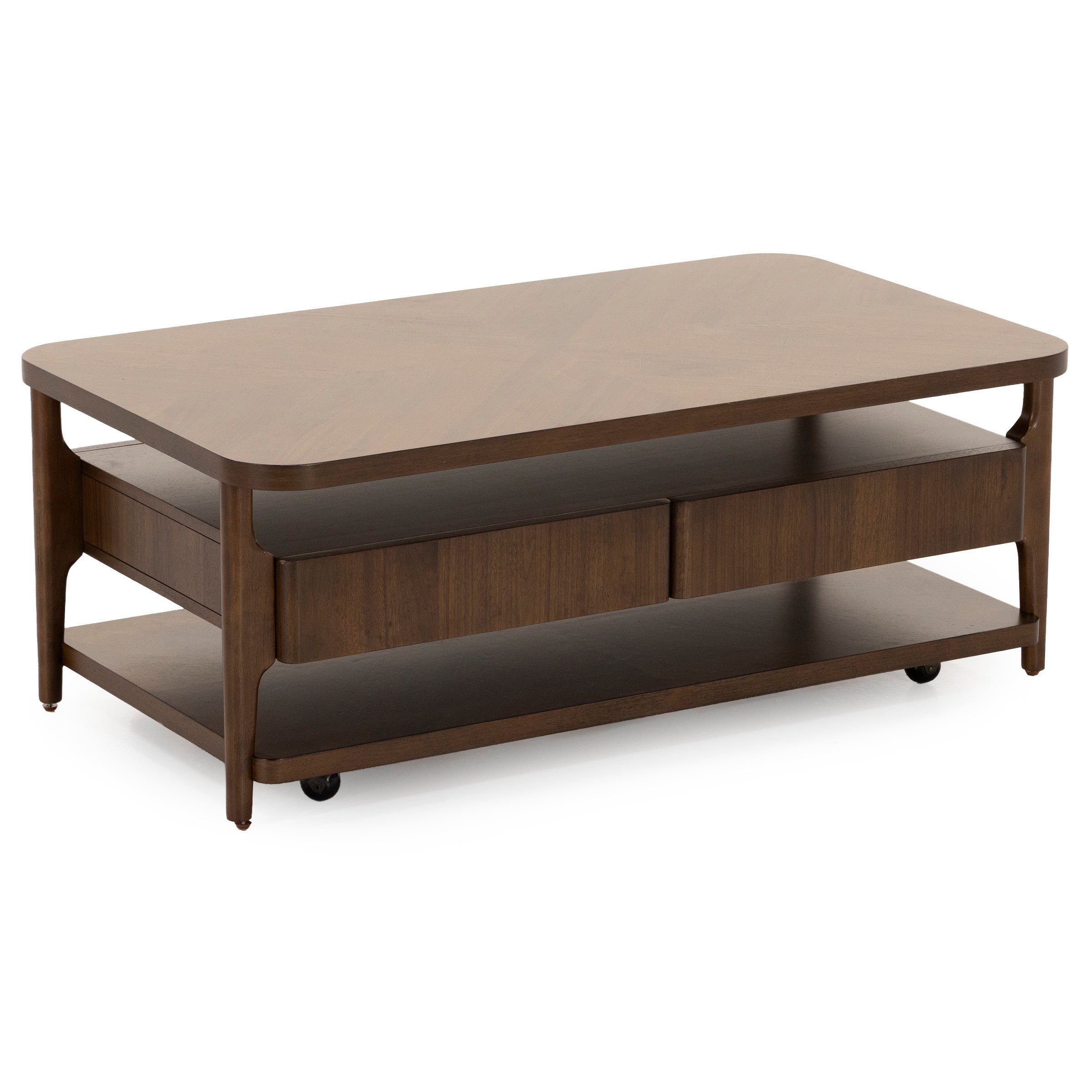 Rectangular wooden coffee table with drawers and lower shelf.