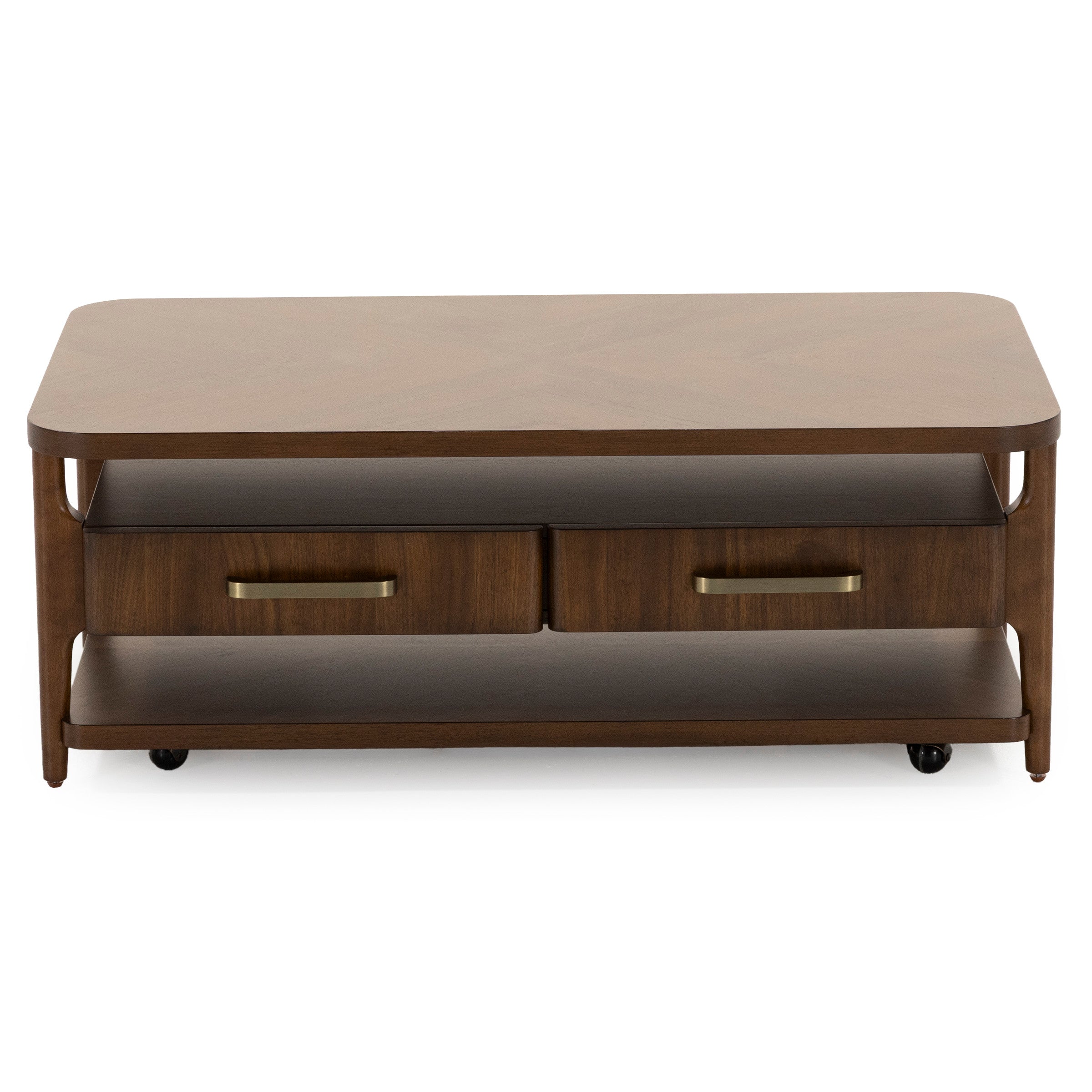 Rectangular wood coffee table with two drawers and brass handles on casters.