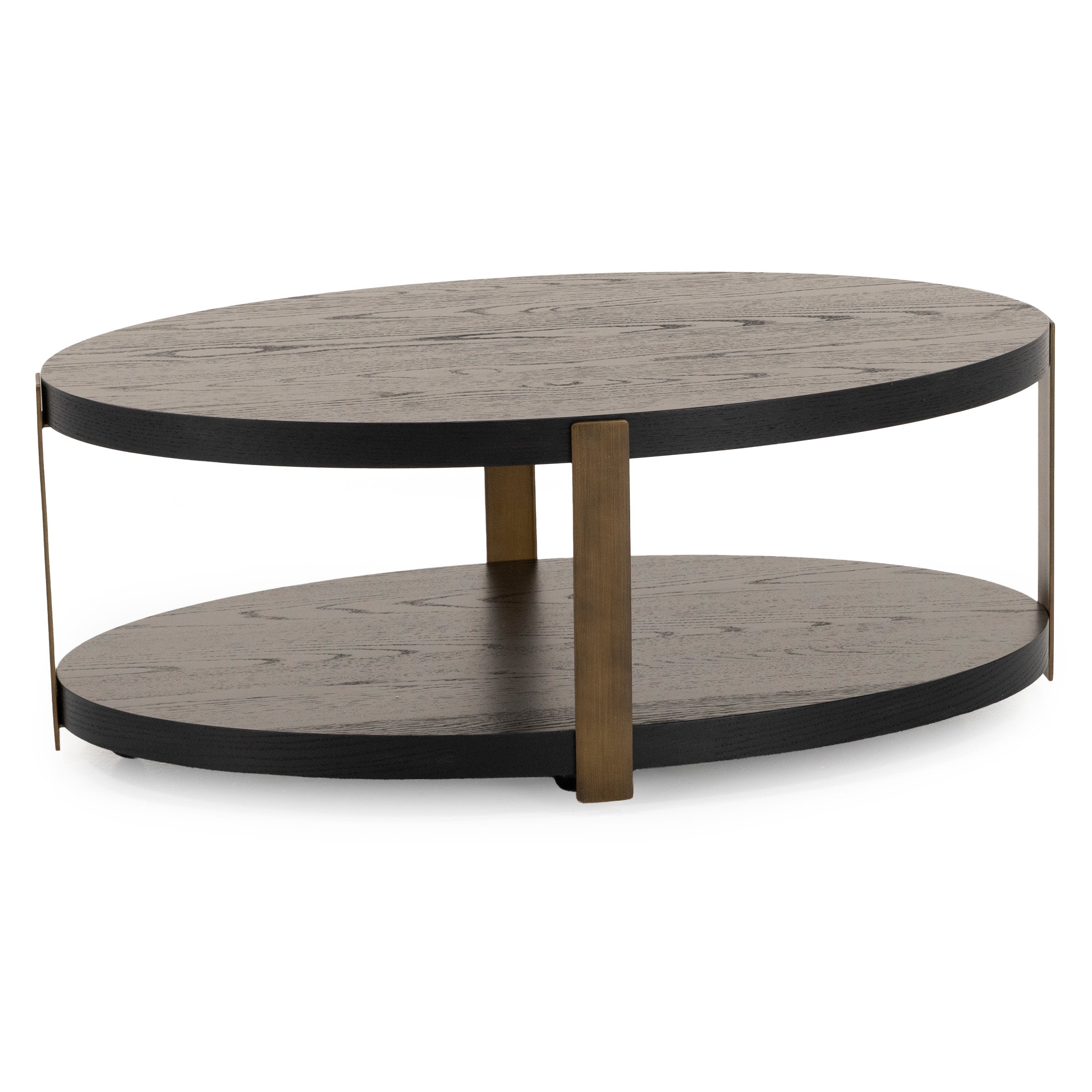 Round two-tier coffee table with dark wood finish and gold supports.