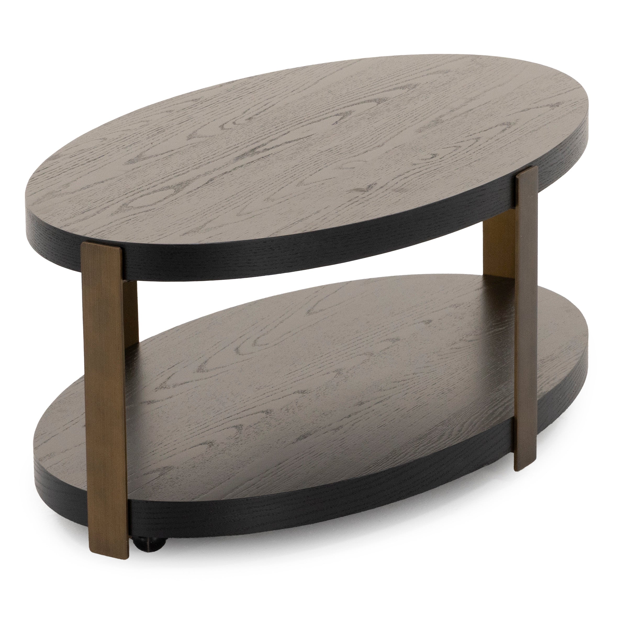 Oval wood coffee table with lower shelf and metal legs.