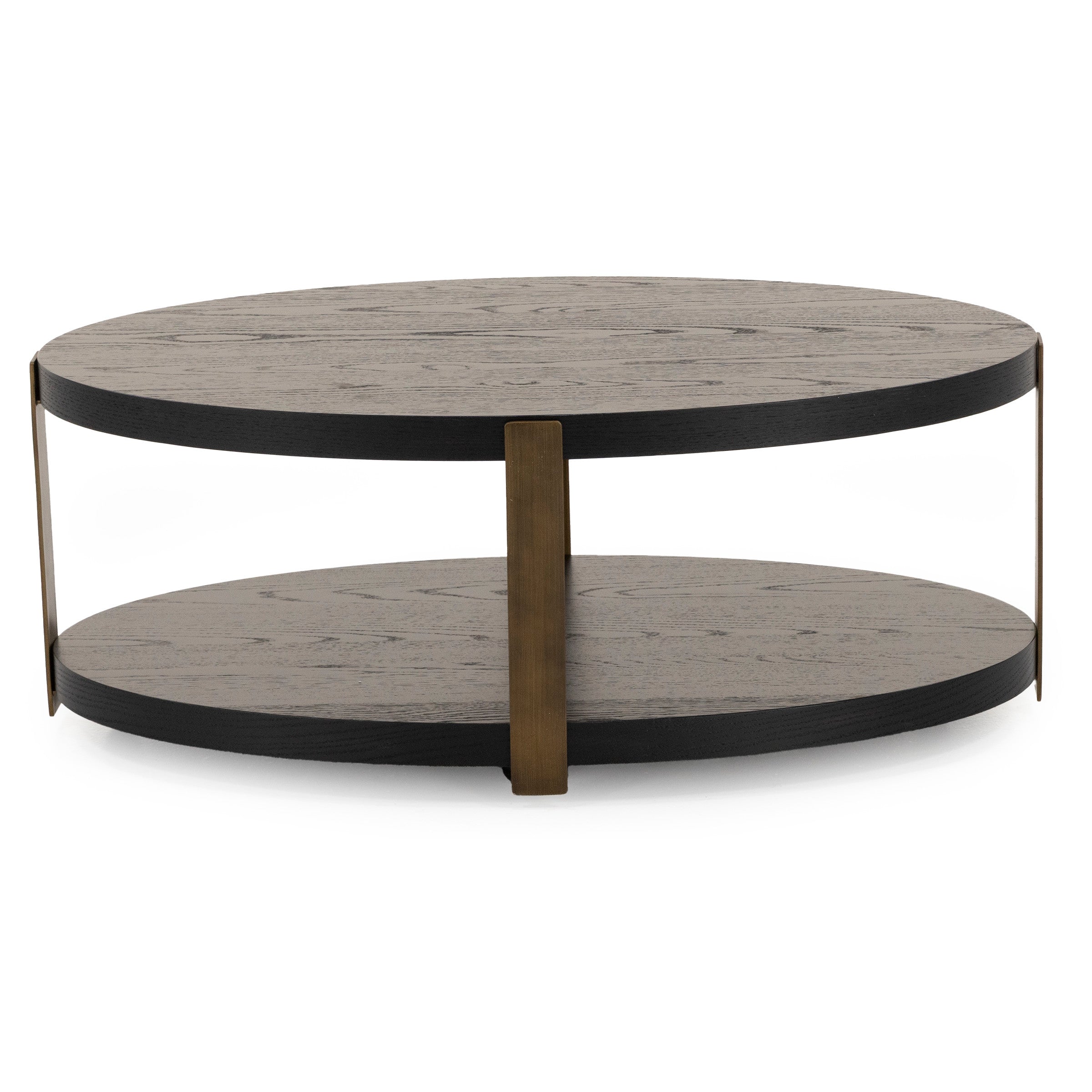 Round, two-tier wood coffee table with metal supports, modern design.