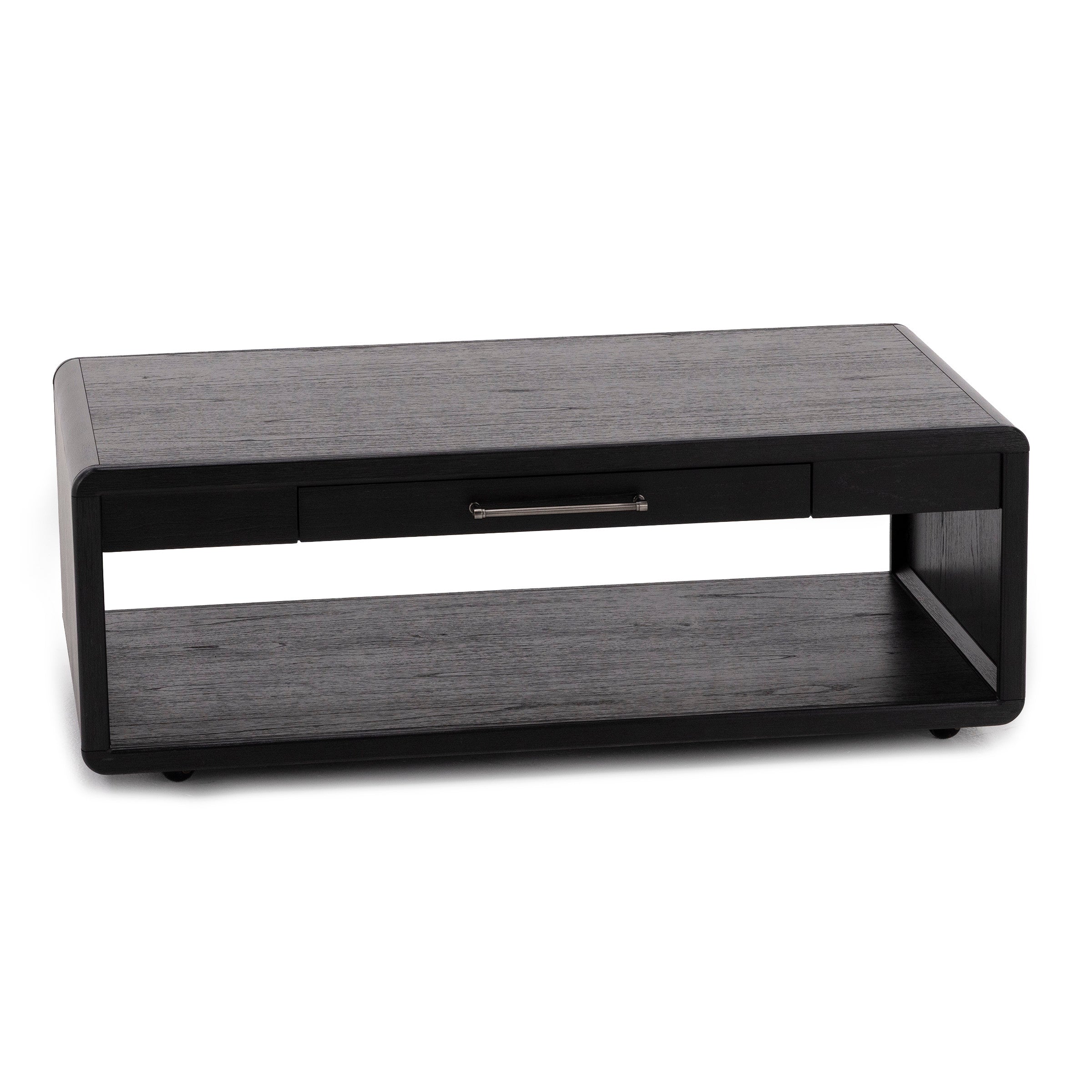 Black wood coffee table with drawer and open shelf.