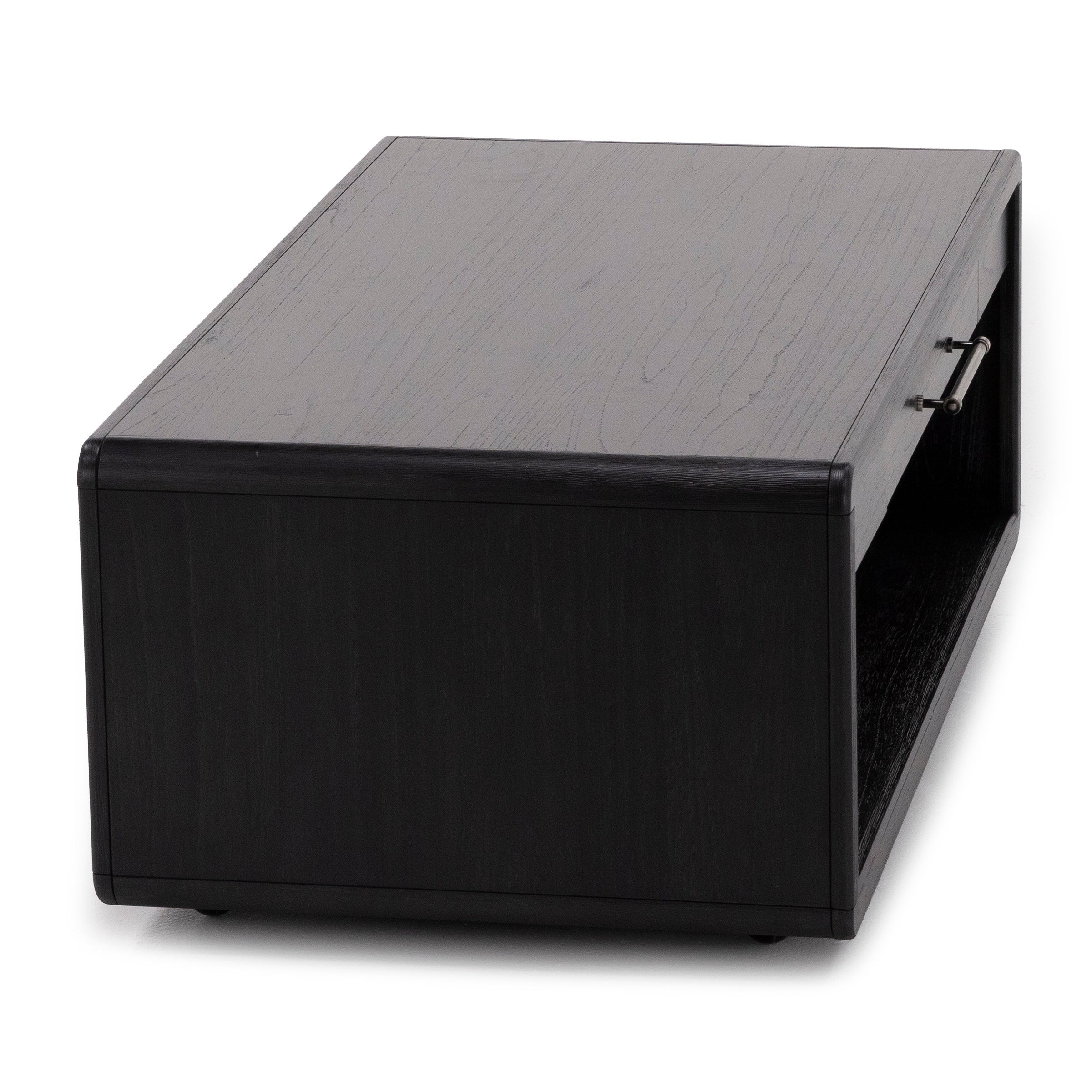 Modern black rectangular coffee table with open shelf and metal handle.