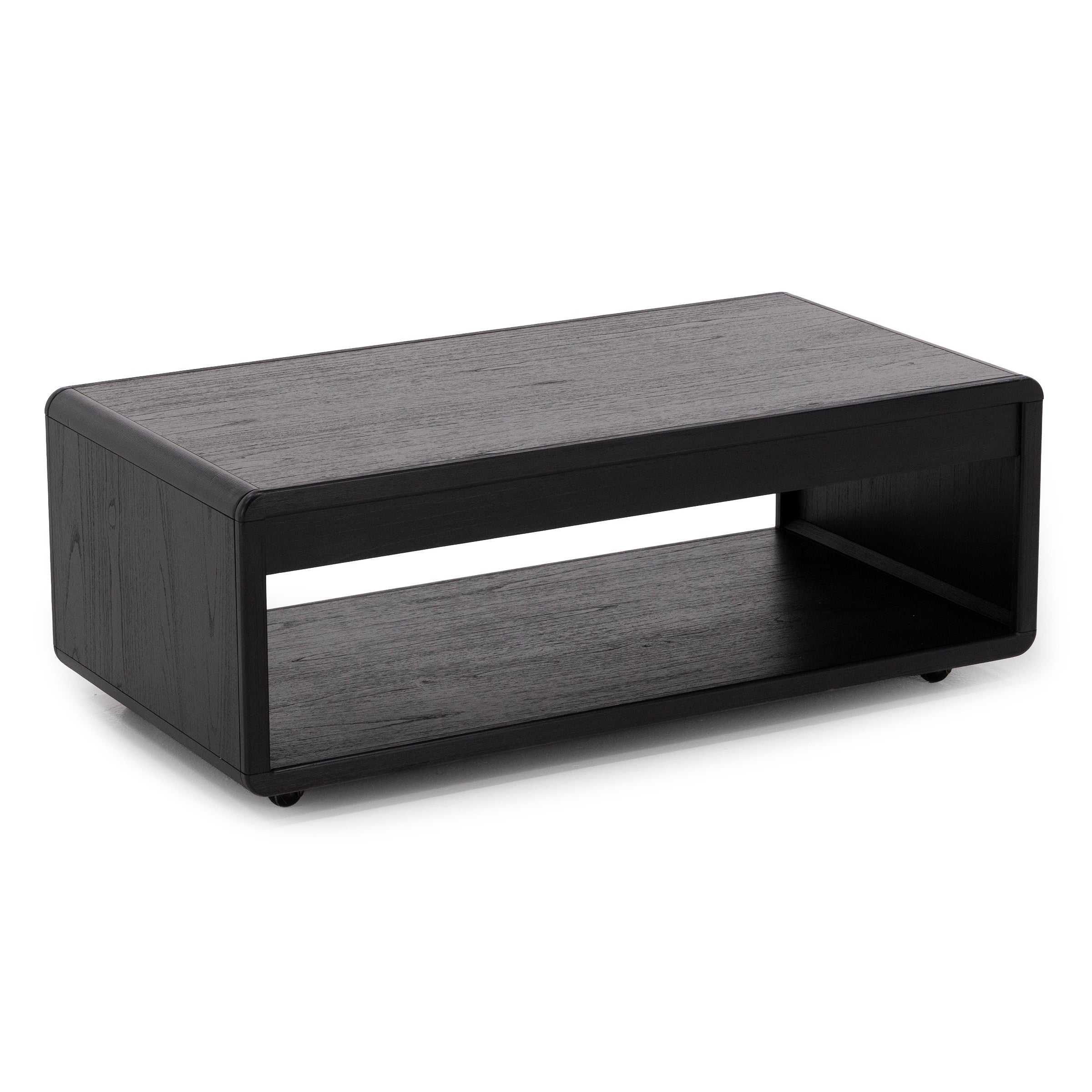 Rectangular black wood coffee table with open lower shelf.